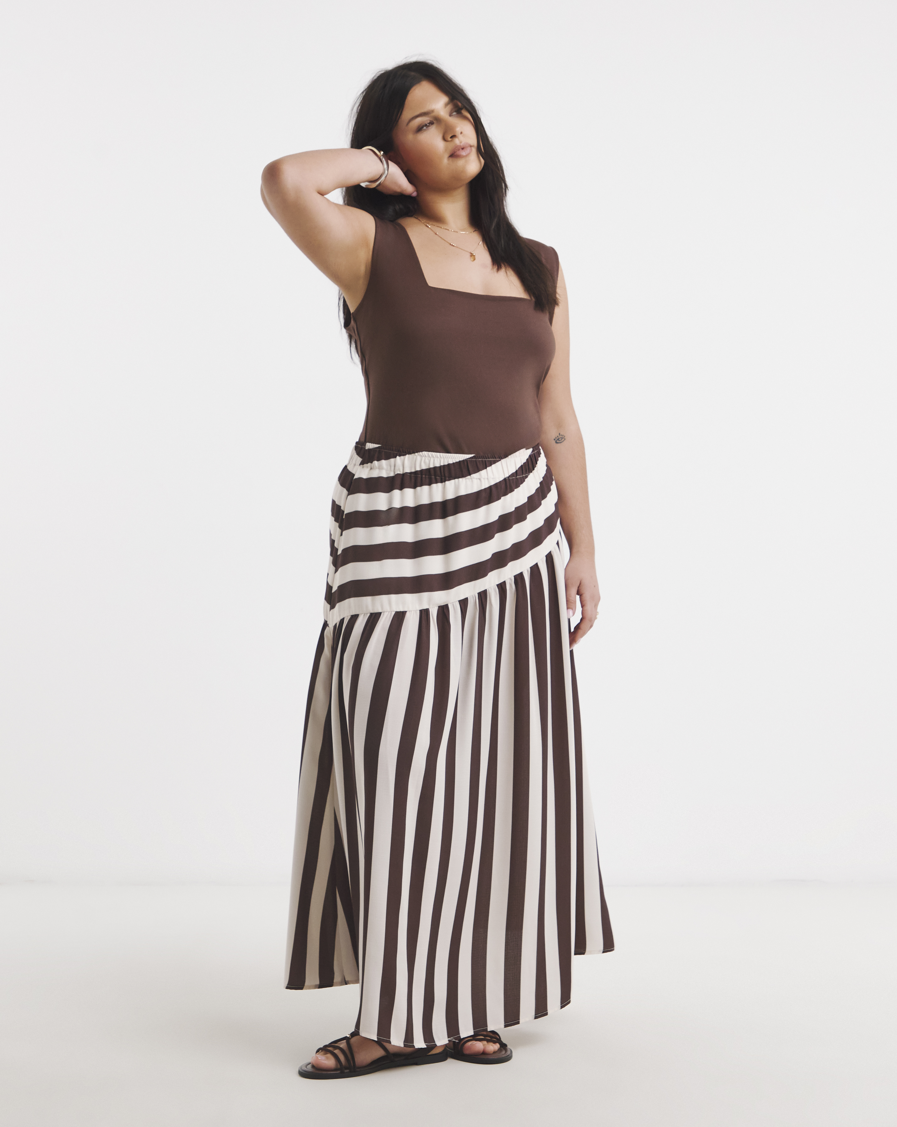 New In - Chocolate Stripe Asymmetric Skirt