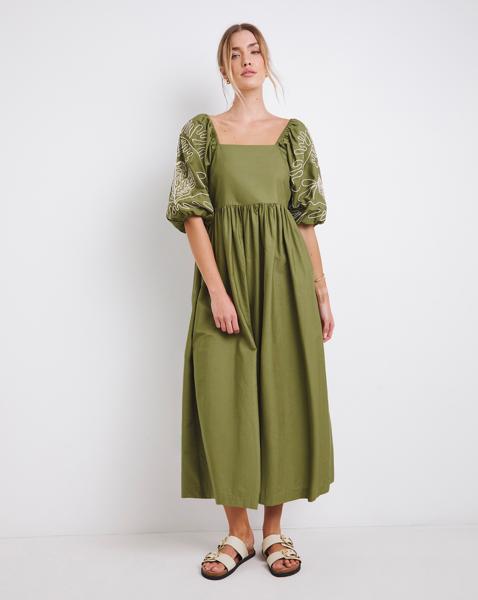 Khaki Embroidered Midi Dress - Image