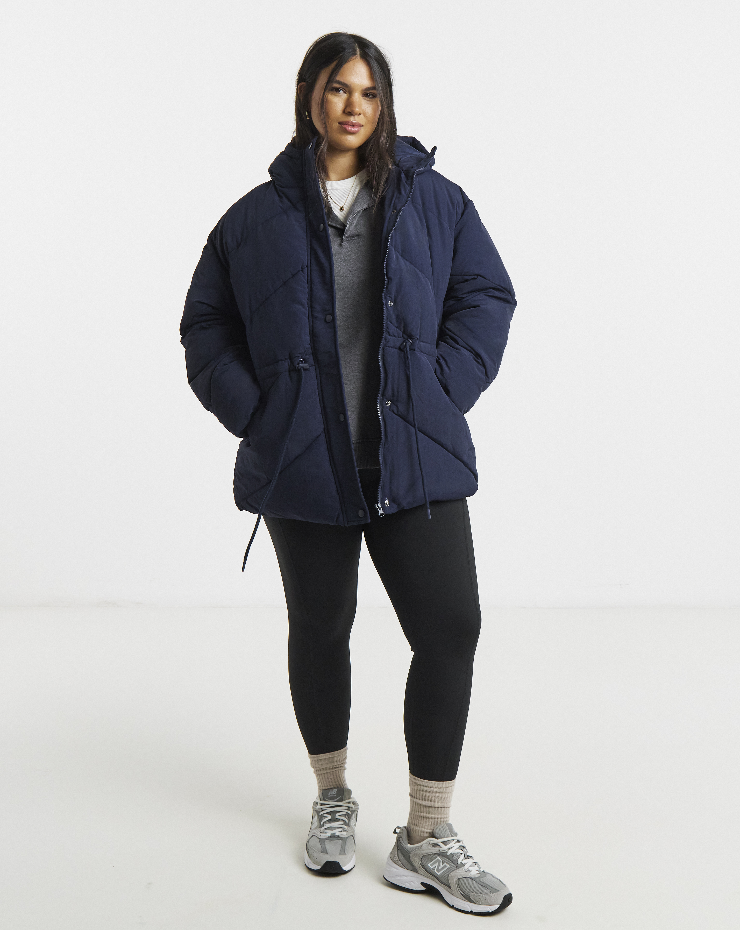 Navy Adjustable Waist Detail Padded Coat