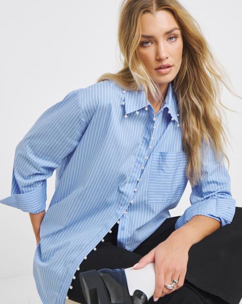 Stripe Shirt with Pearl Trim Detailing
