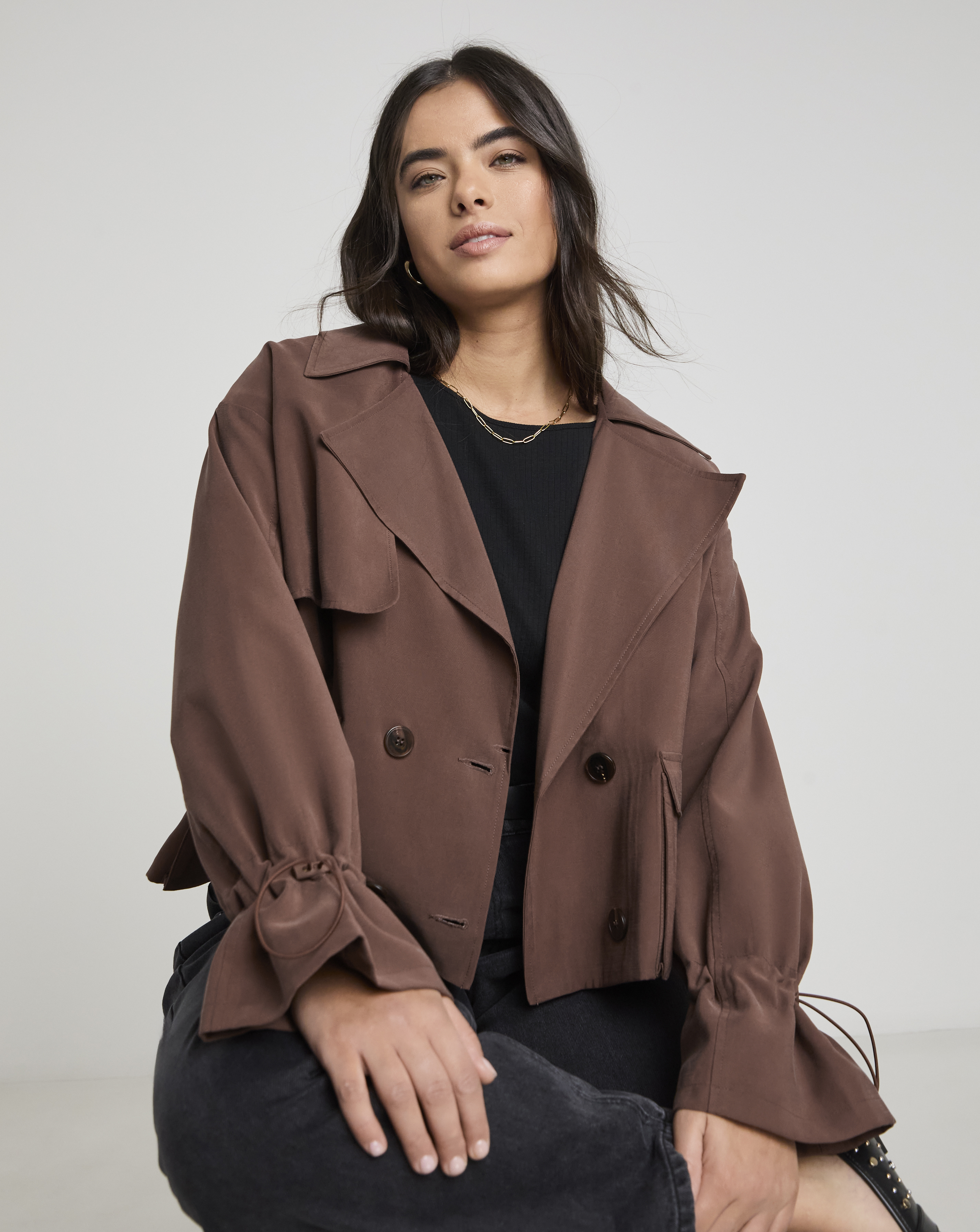 Brown Drape Cropped Trench