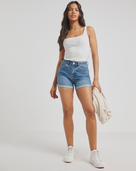 Mid Blue Roll Hem Mom Short