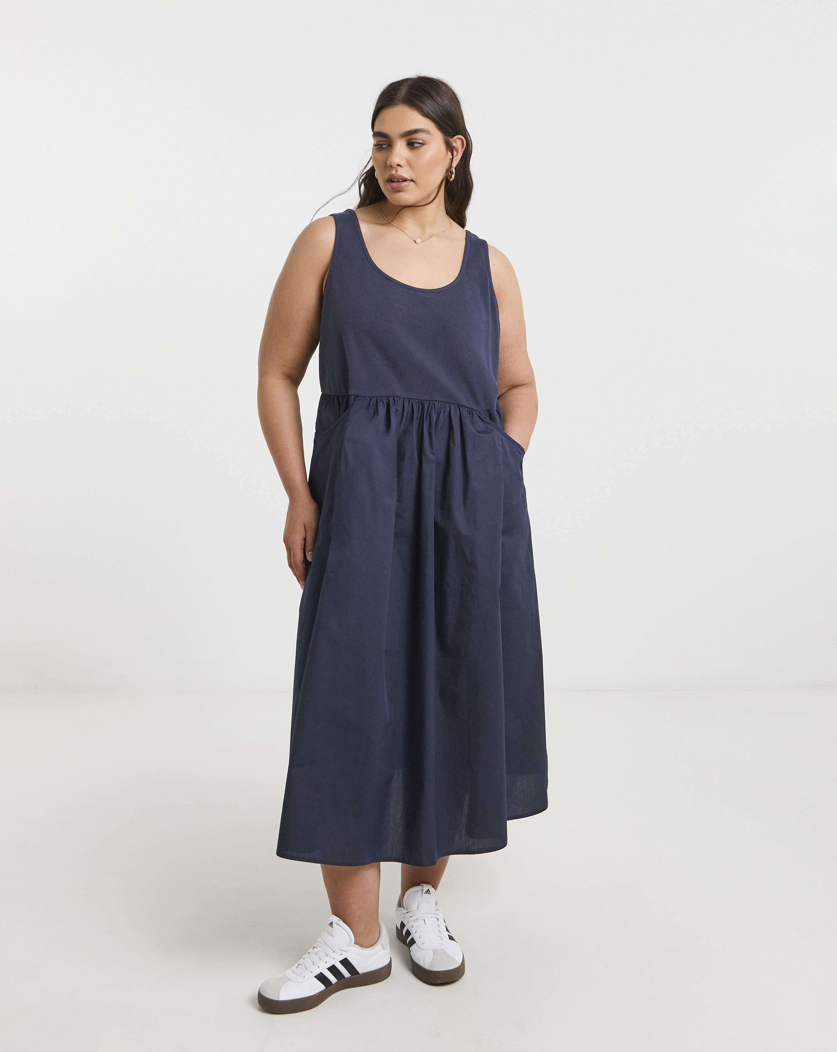 Simply Be - Women's Jersey Poplin Mix Apron Dress - Size 22 - Navy - 100% Cotton