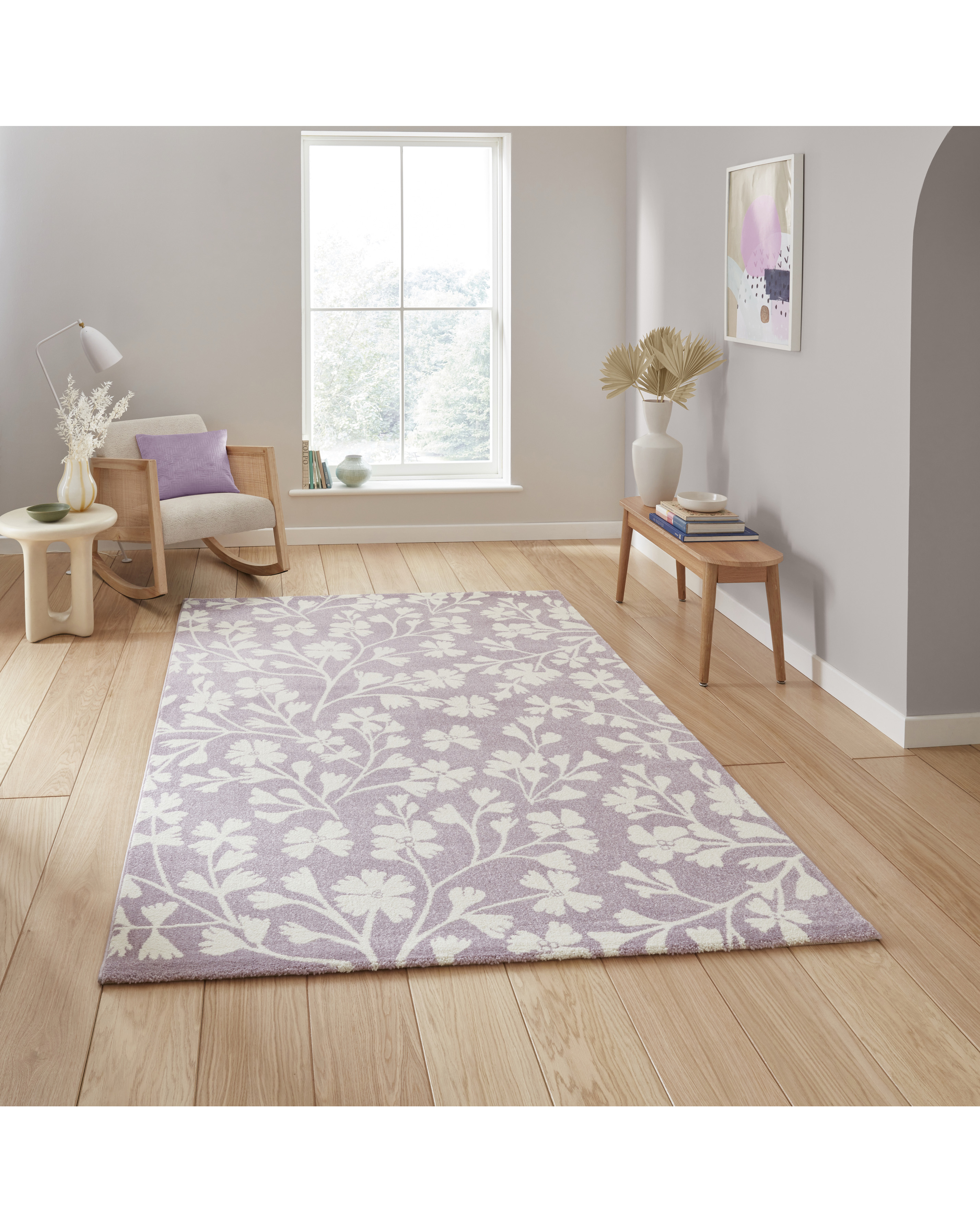 Catherine Lansfield Grace Floral Rug Lilac - 80x150cm - 100% Polypropylene - Machine Woven with Hand-Carved Detailing