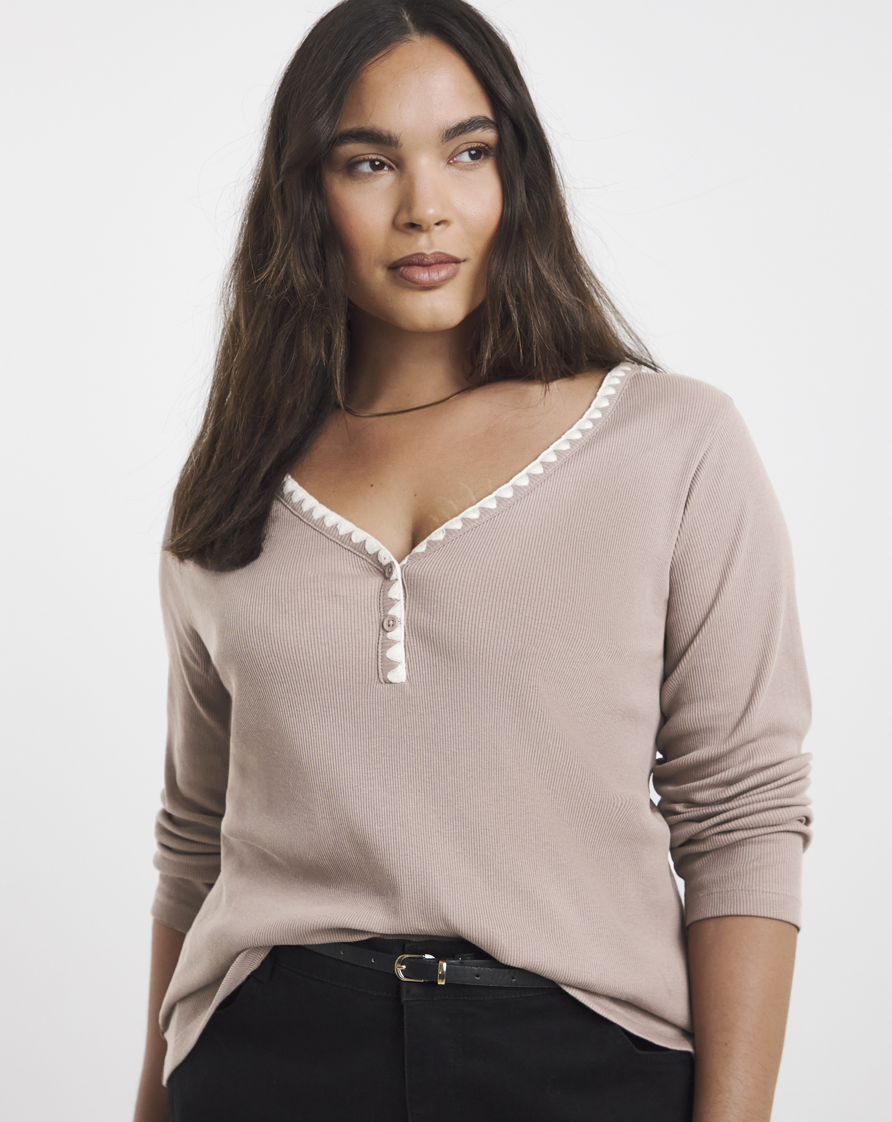 Ribbed Henley Top with Whipstitching
