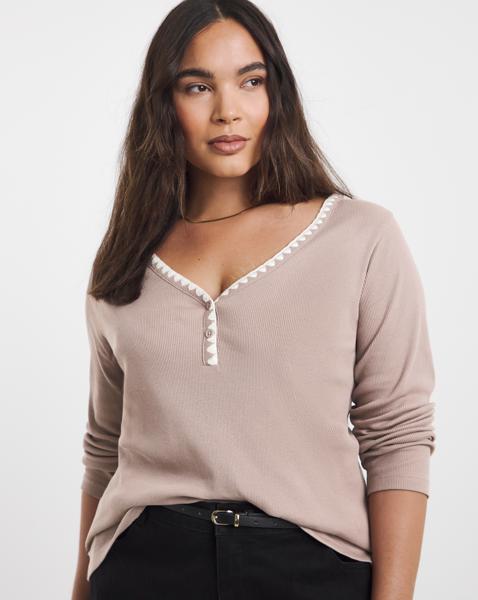 Ribbed Henley Top with Whipstitching