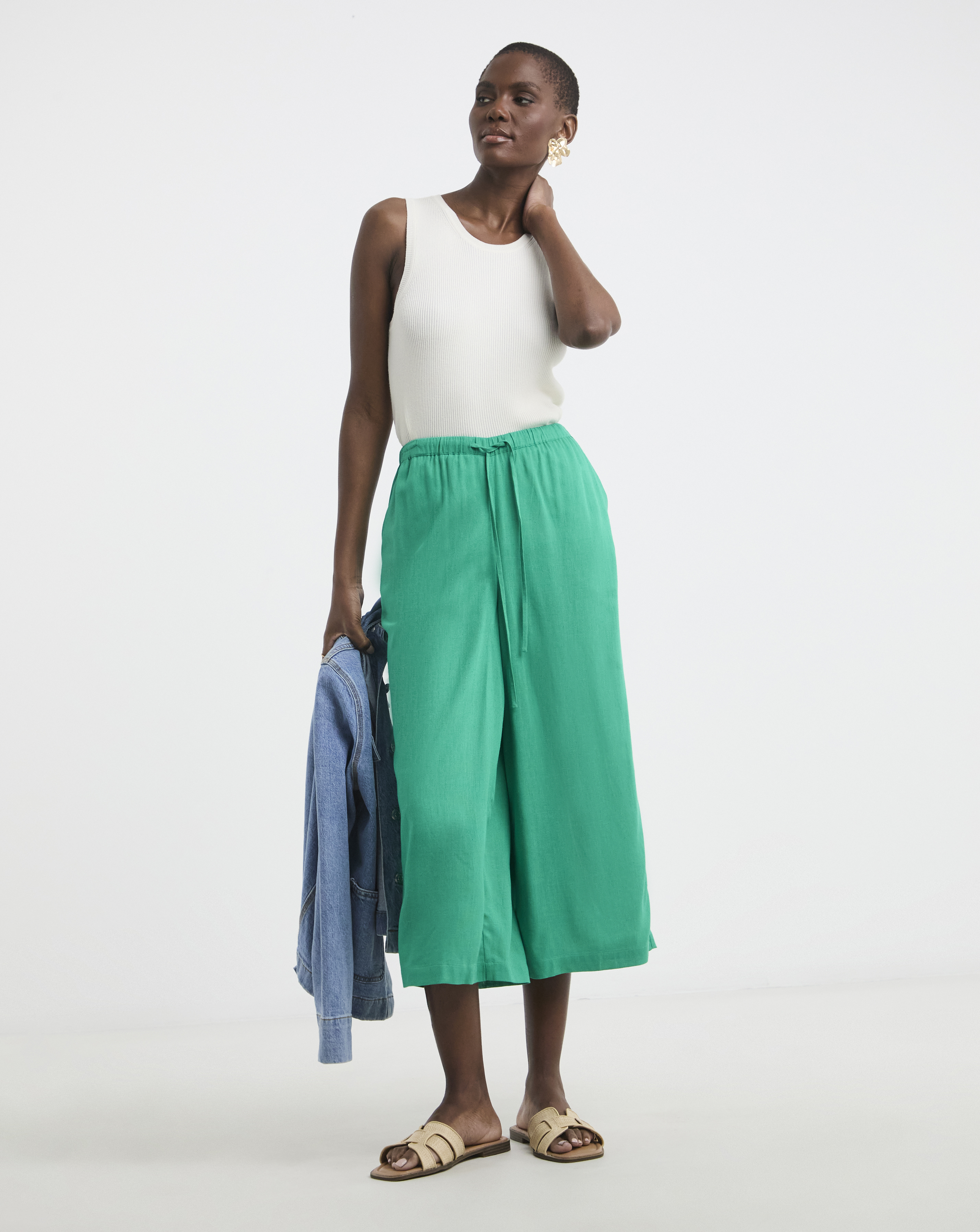 Linen Mix Cropped Wide Leg Culottes