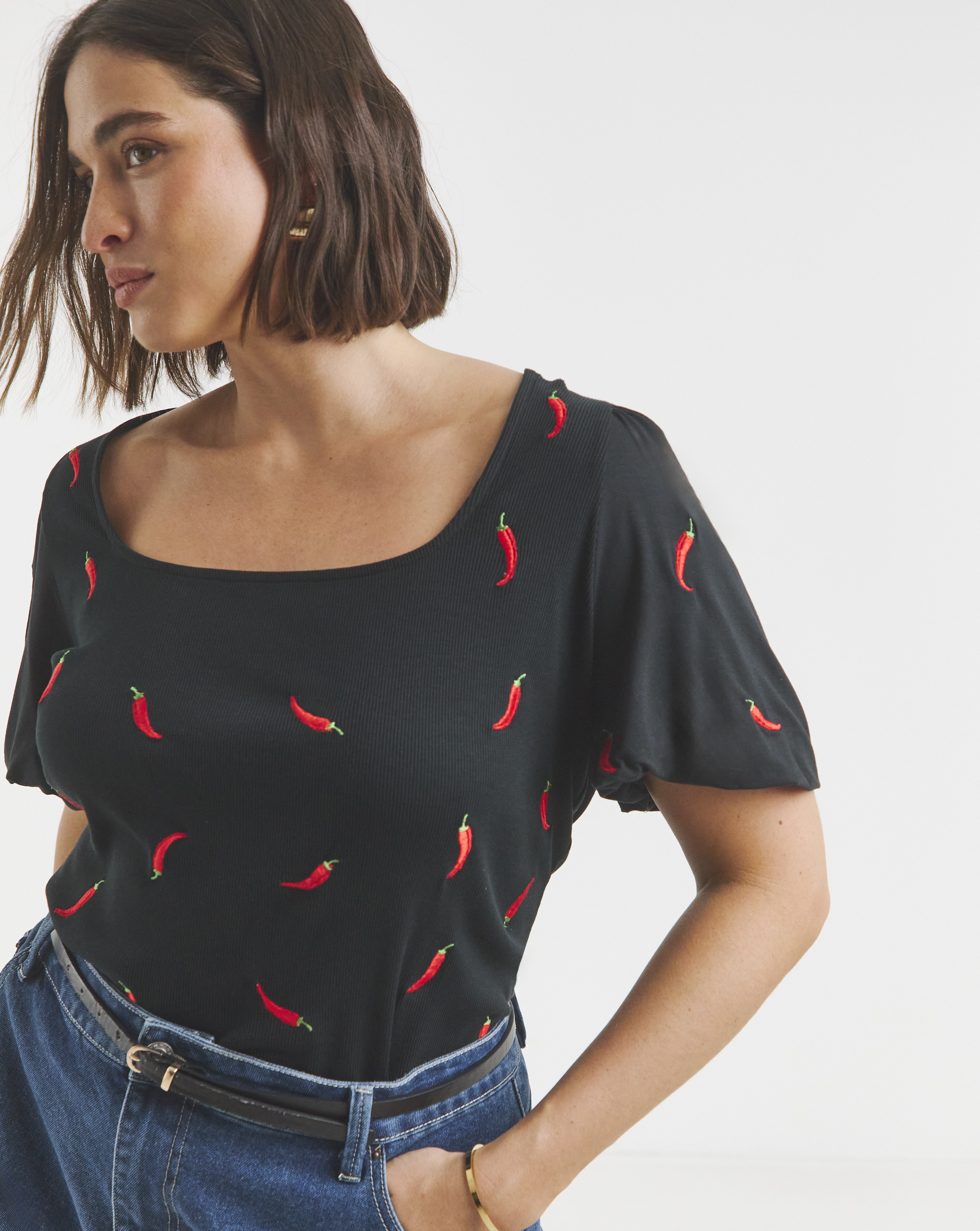 Chilli Embroidered Puff Sleeve Top