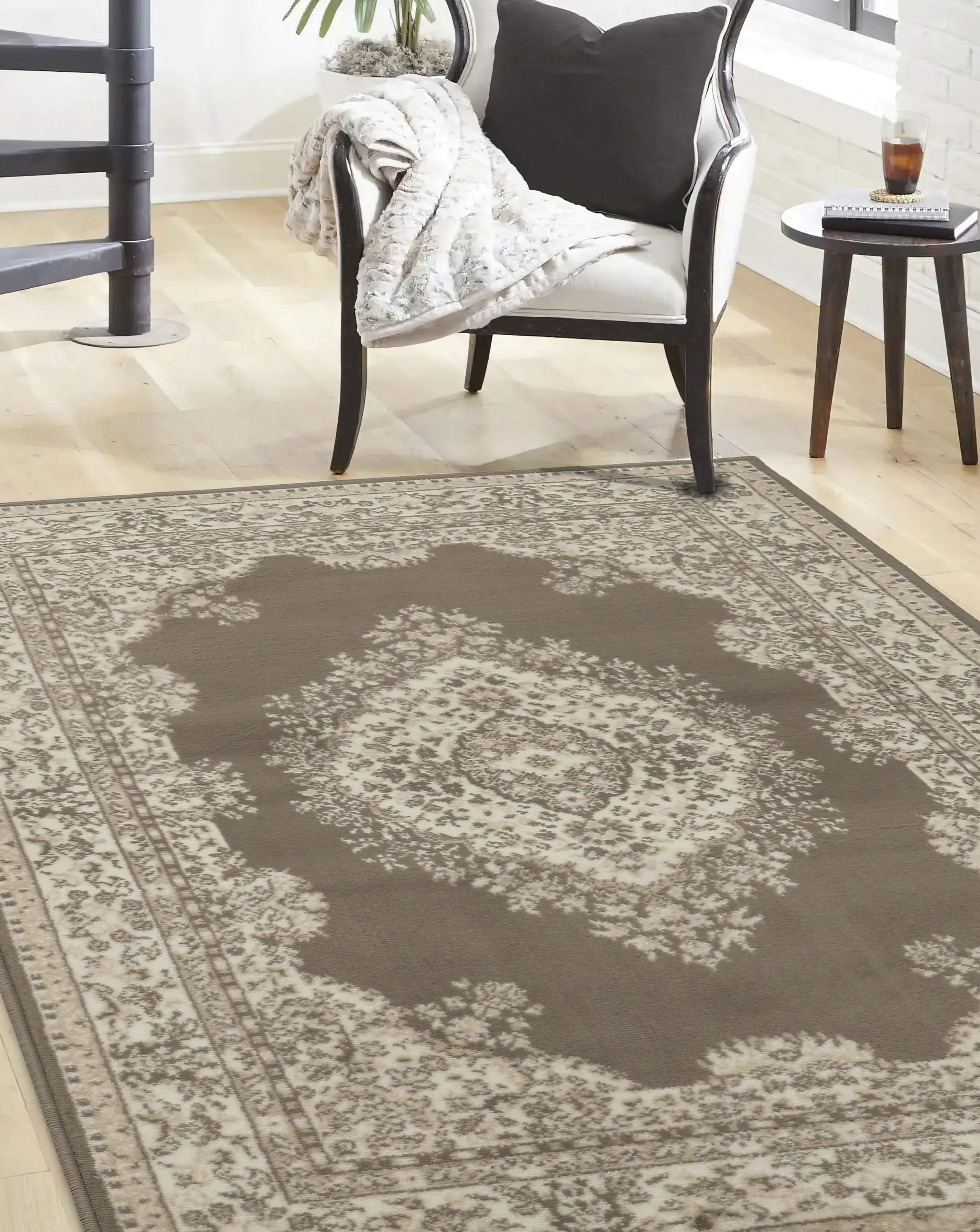 Homemaker Taupe Traditional Medallion Woven Rug 80X150