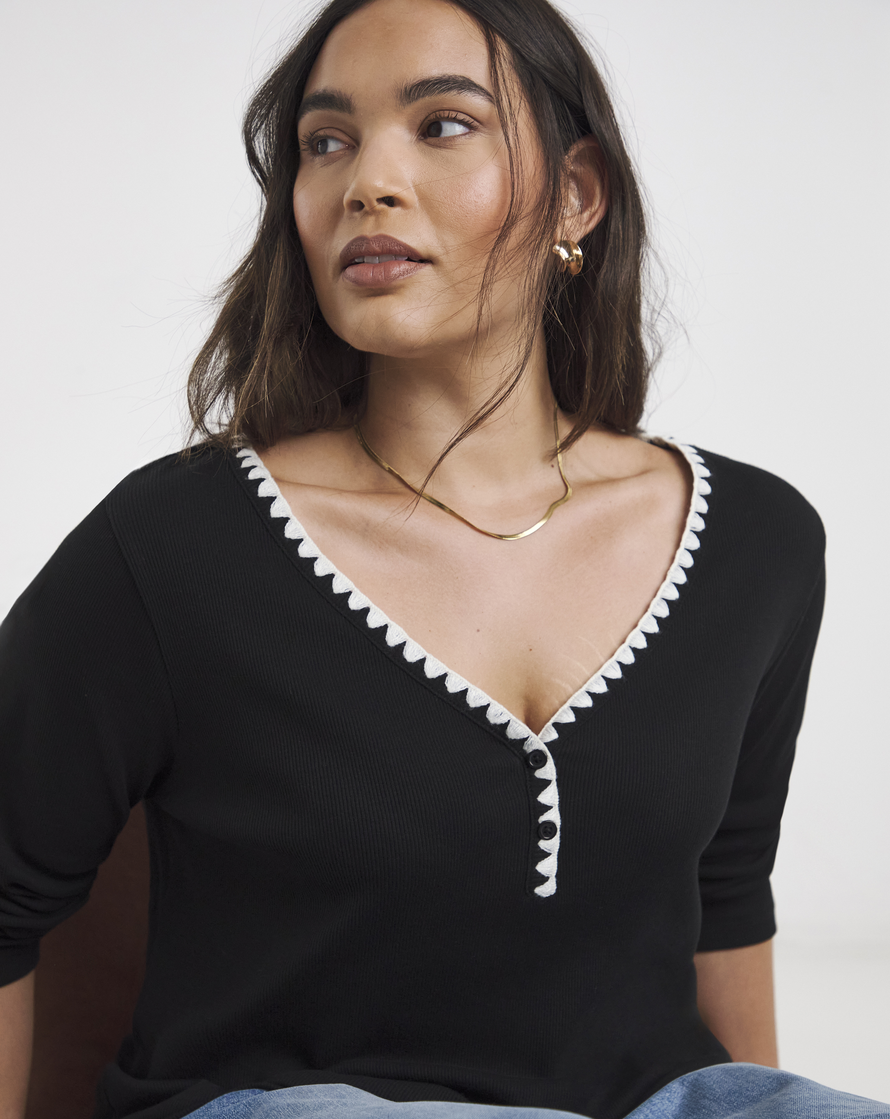 Ribbed Henley Top with Whipstitching