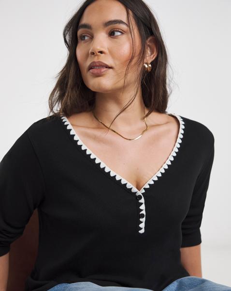 Ribbed Henley Top with Whipstitching