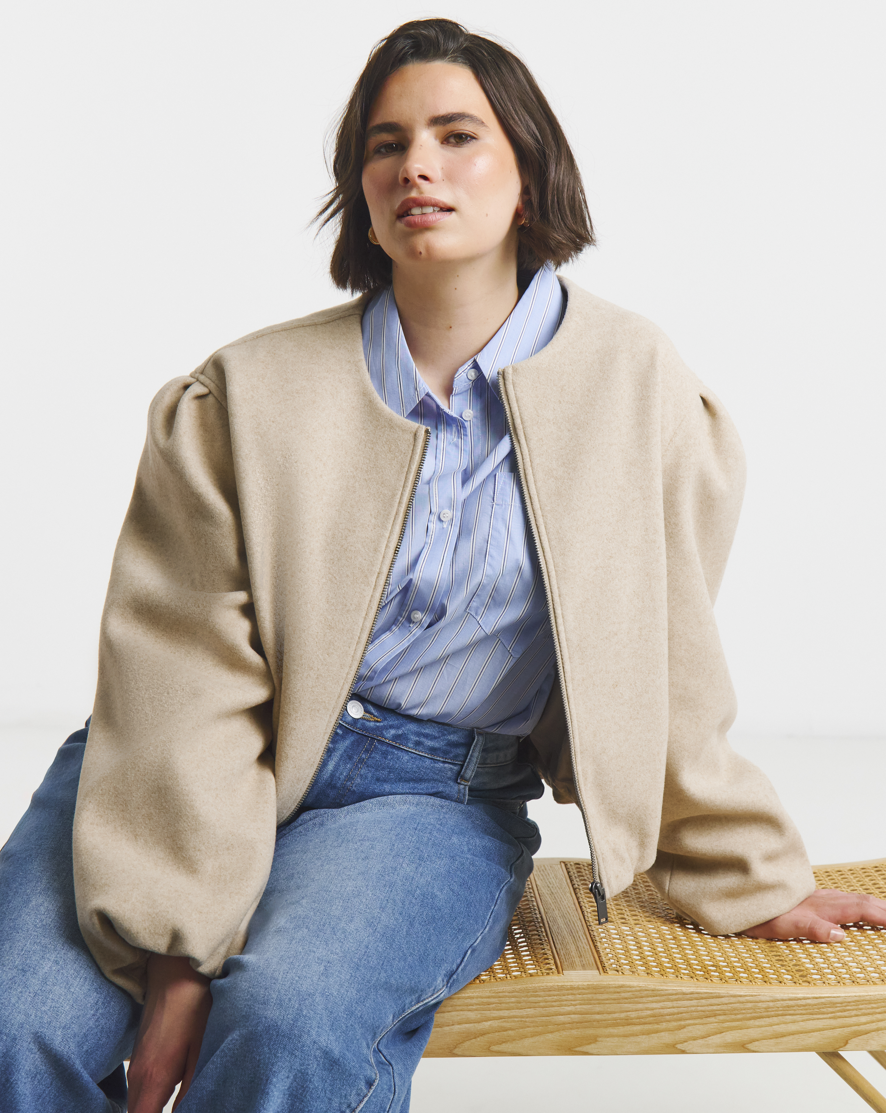 Neutral Bubble Hem Round Collar Jacket
