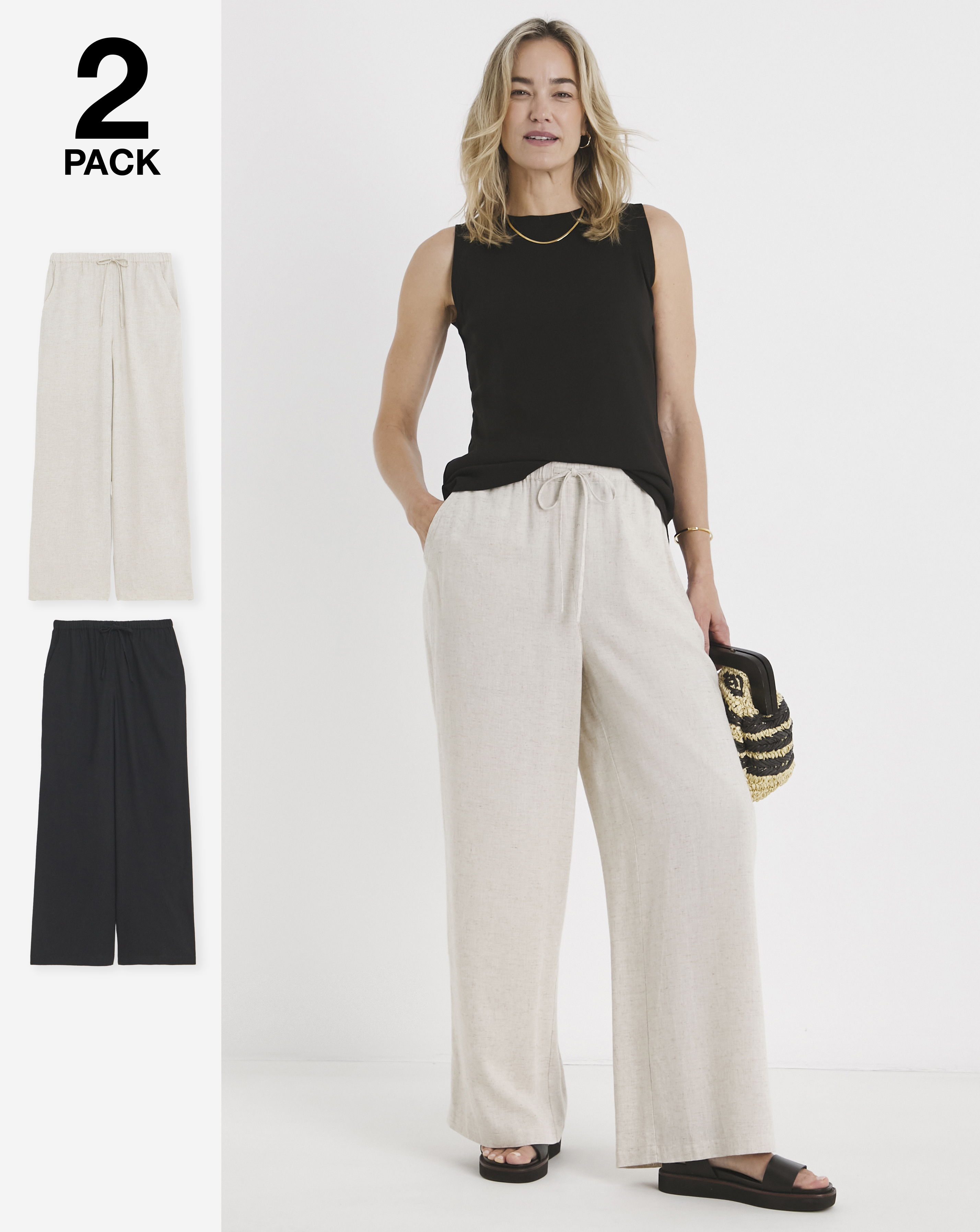 2 Pack Linen Wide Leg Trousers