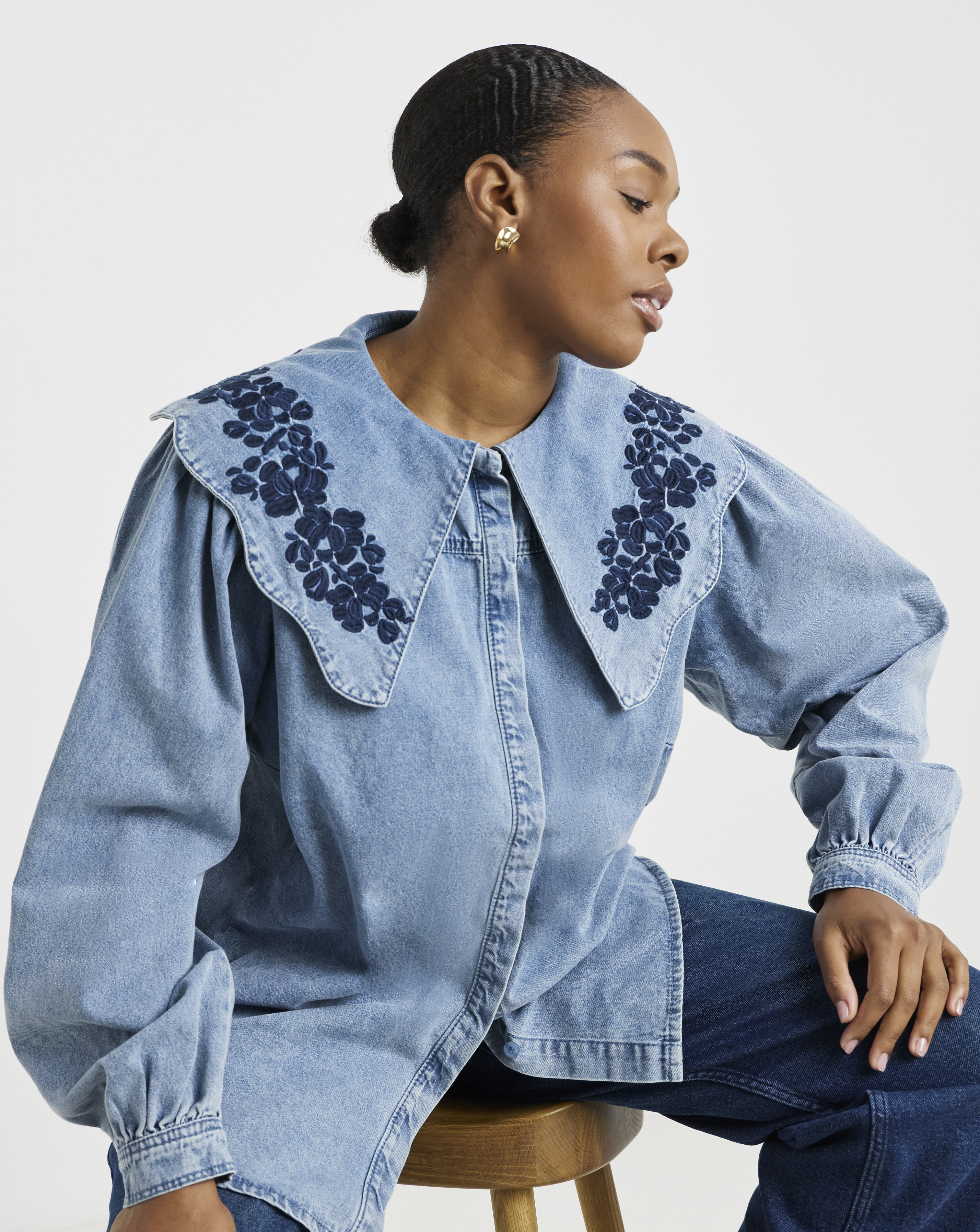 Mid Wash Blouse with Embroidered Collar
