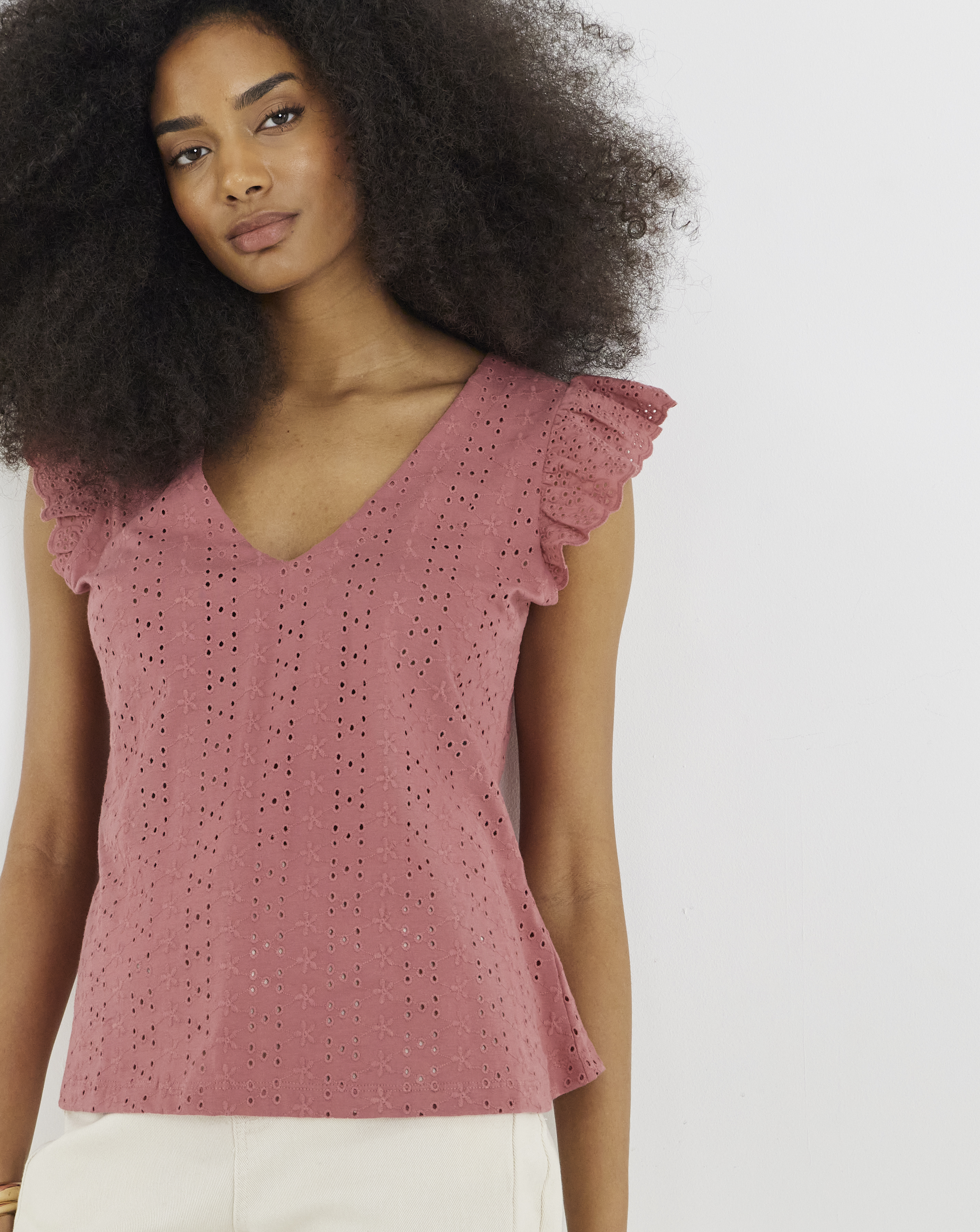 V Neck Ruffle Sleeve Broderie Top