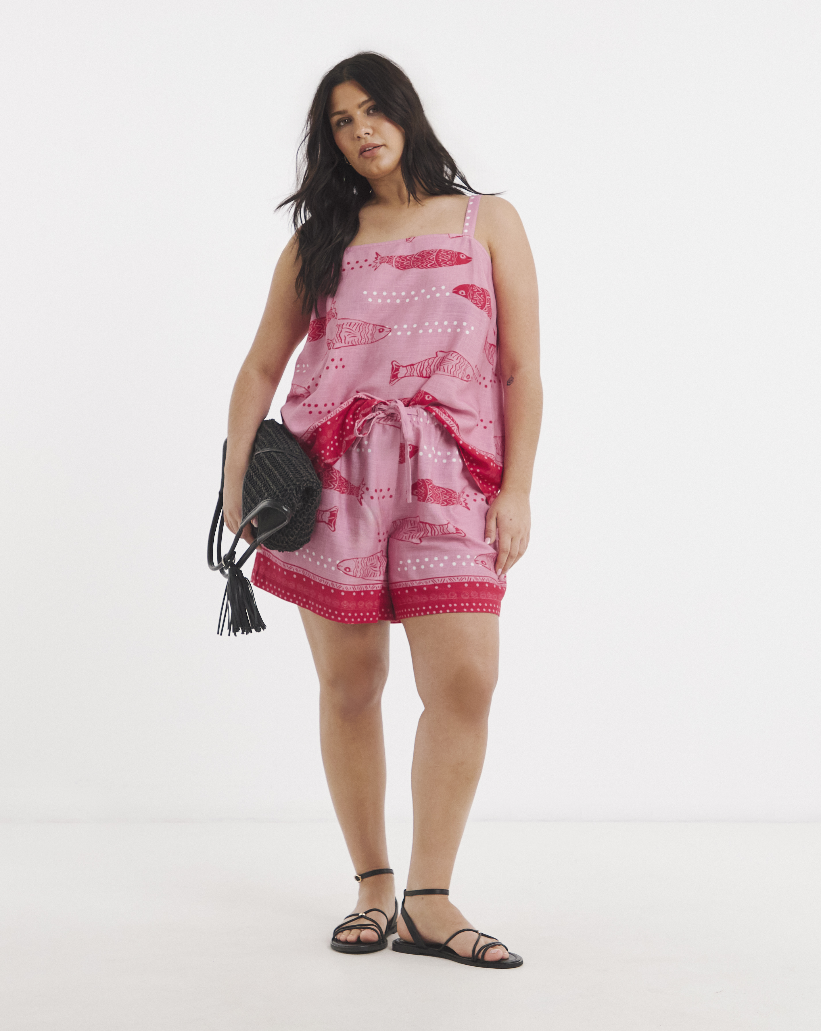 New In - Pink Sardine Print Linen Shorts