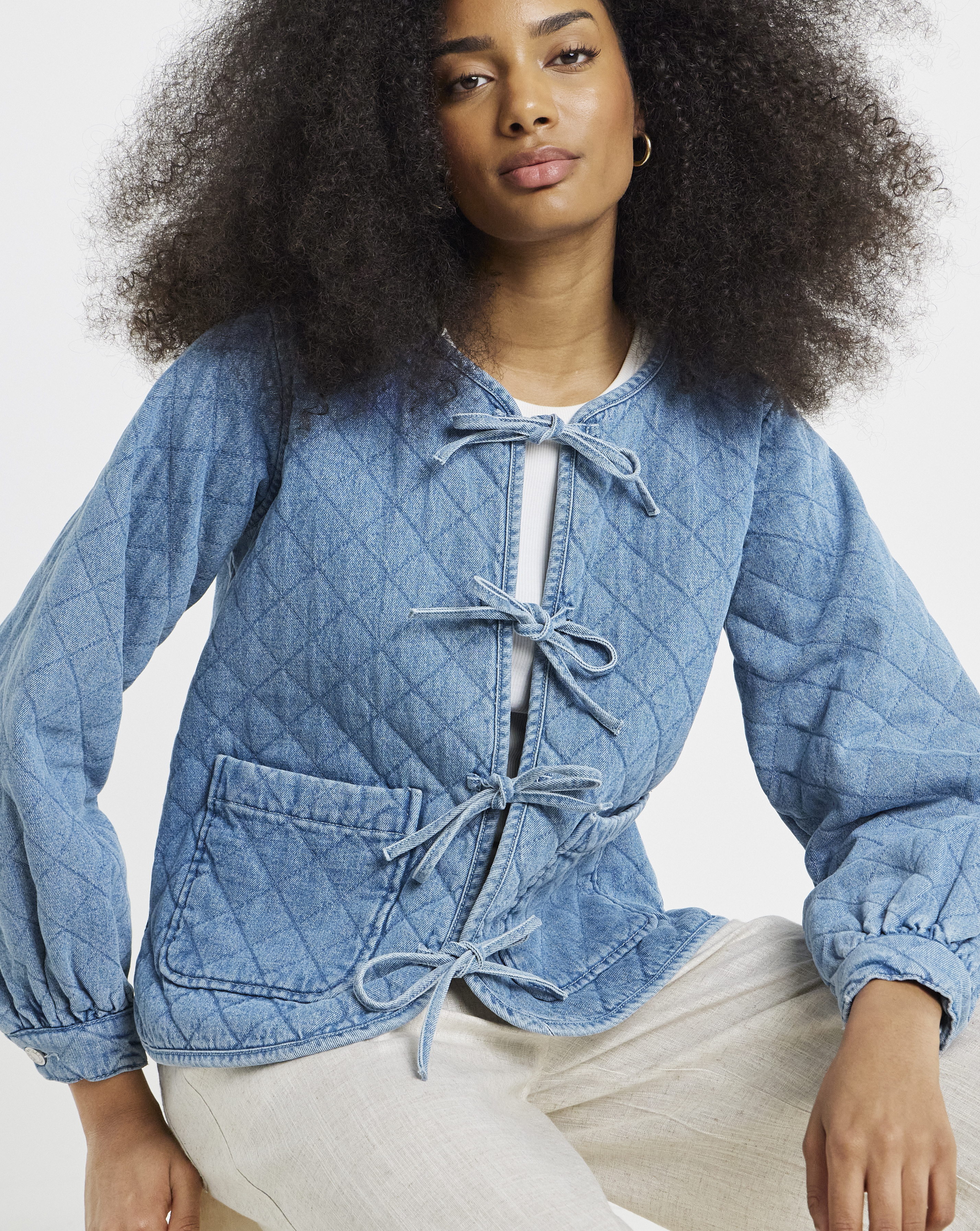 Mid Blue Quilted Tie Front Denim Jacket