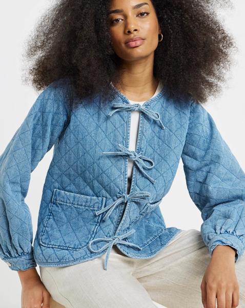 Simply Be Mid Blue Quilted Tie Front Denim Jacket