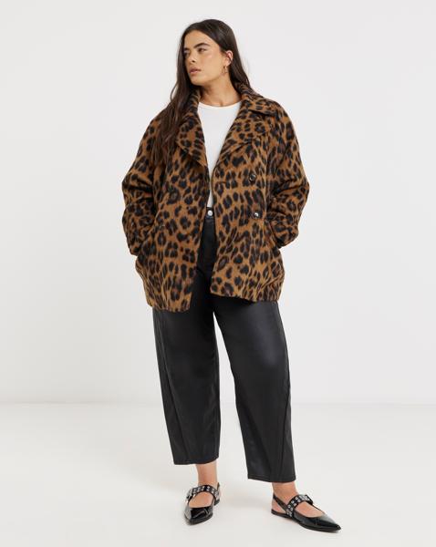 Leopard Print Premium Wool Look Pea Coat - Image