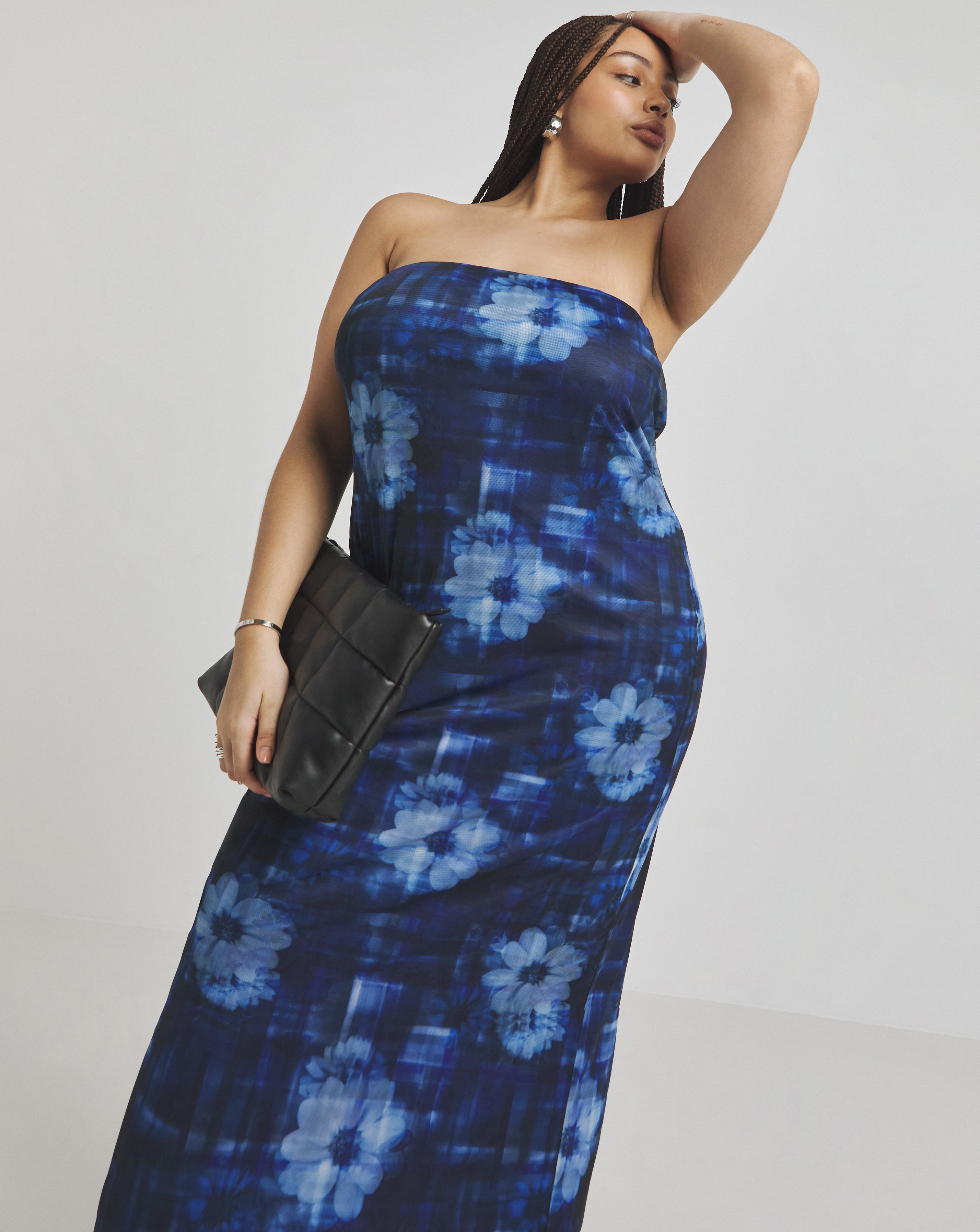 Simply Be - Women's Blue Printed Mesh Bandeau Maxi Dress - Size 28 - Blue print - 93% Polyester 7% Elastane