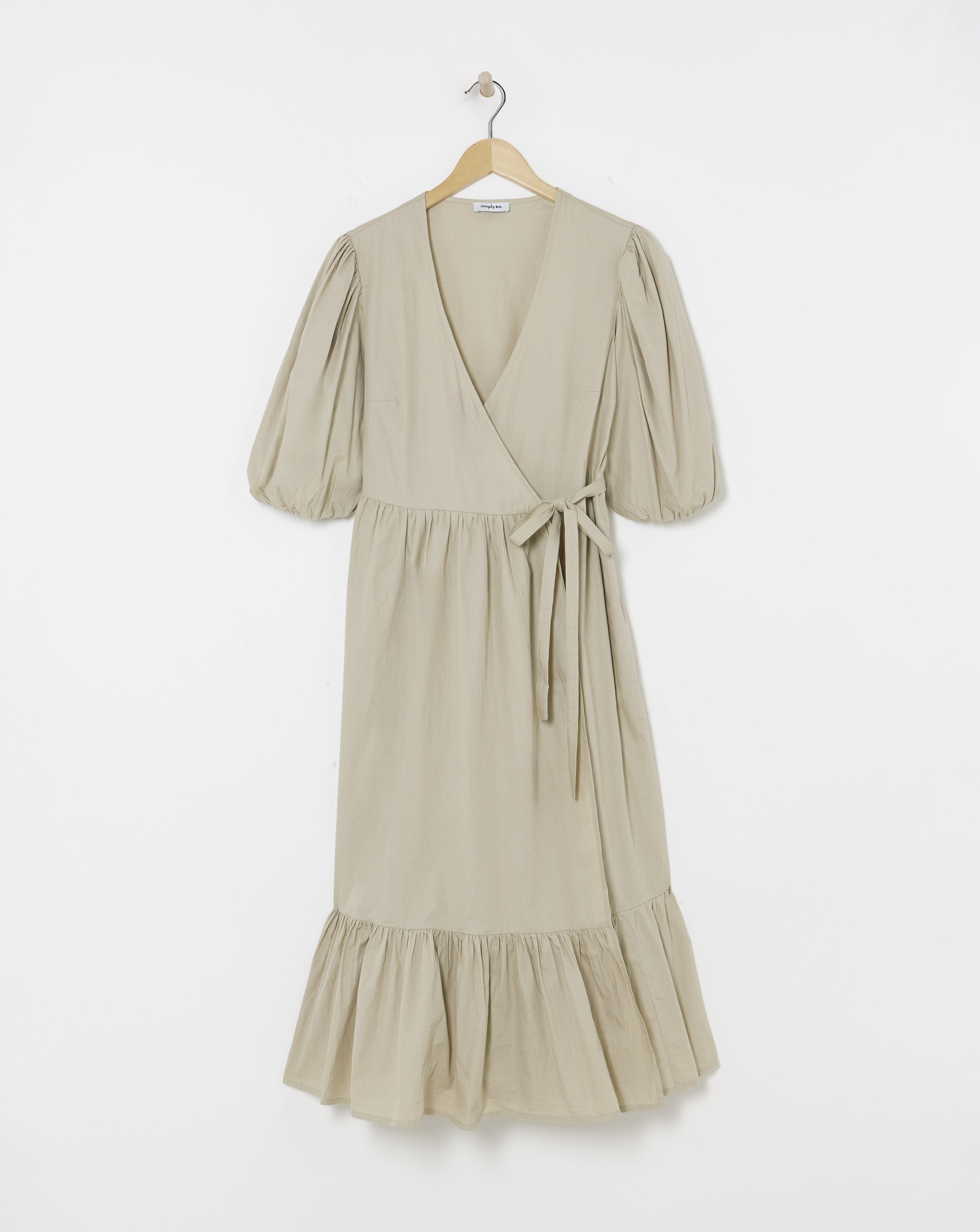 Stone Cotton Poplin Puff Sleeve Wrap Midi Dress