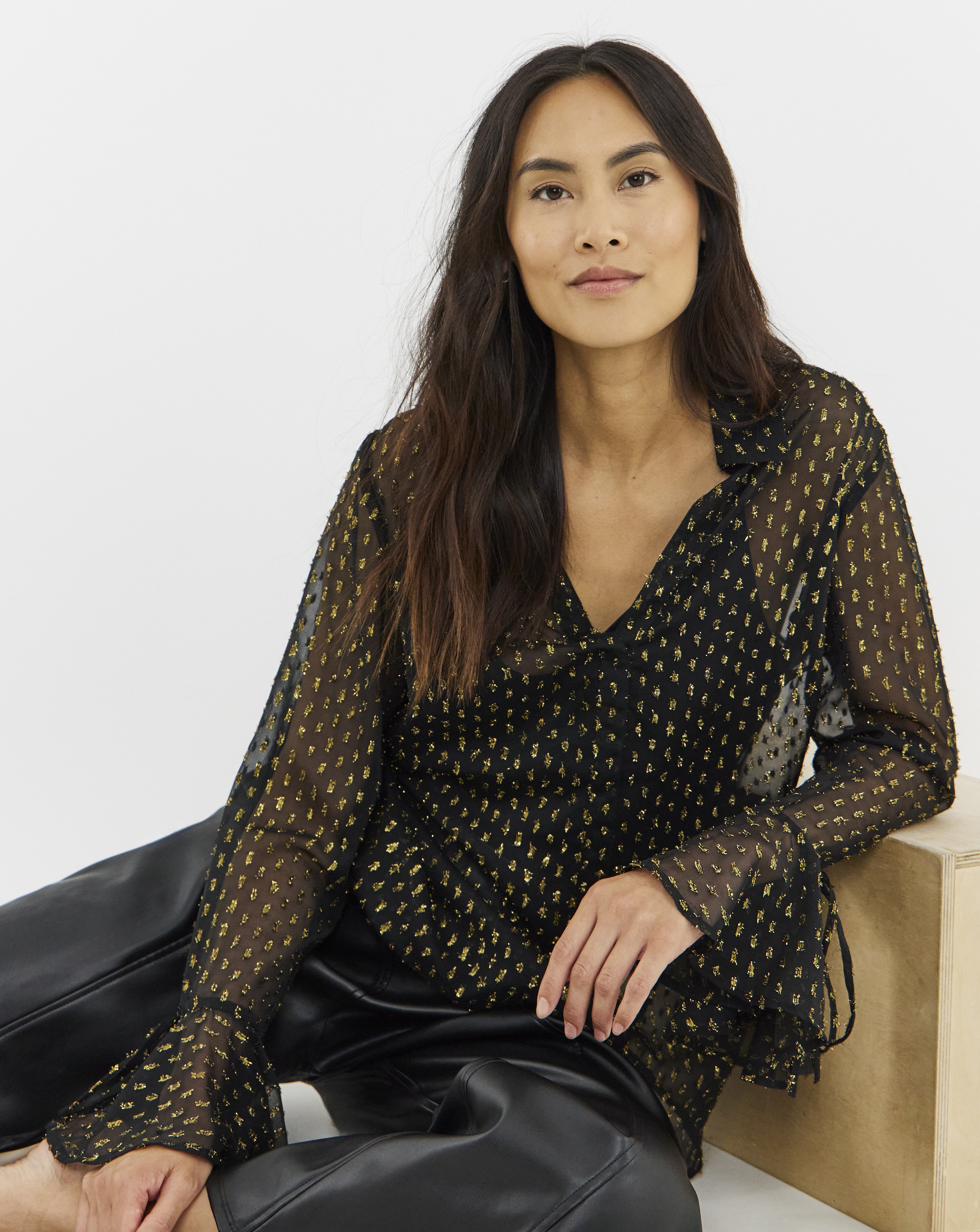 Metallic Spot Frill Cuff Blouse
