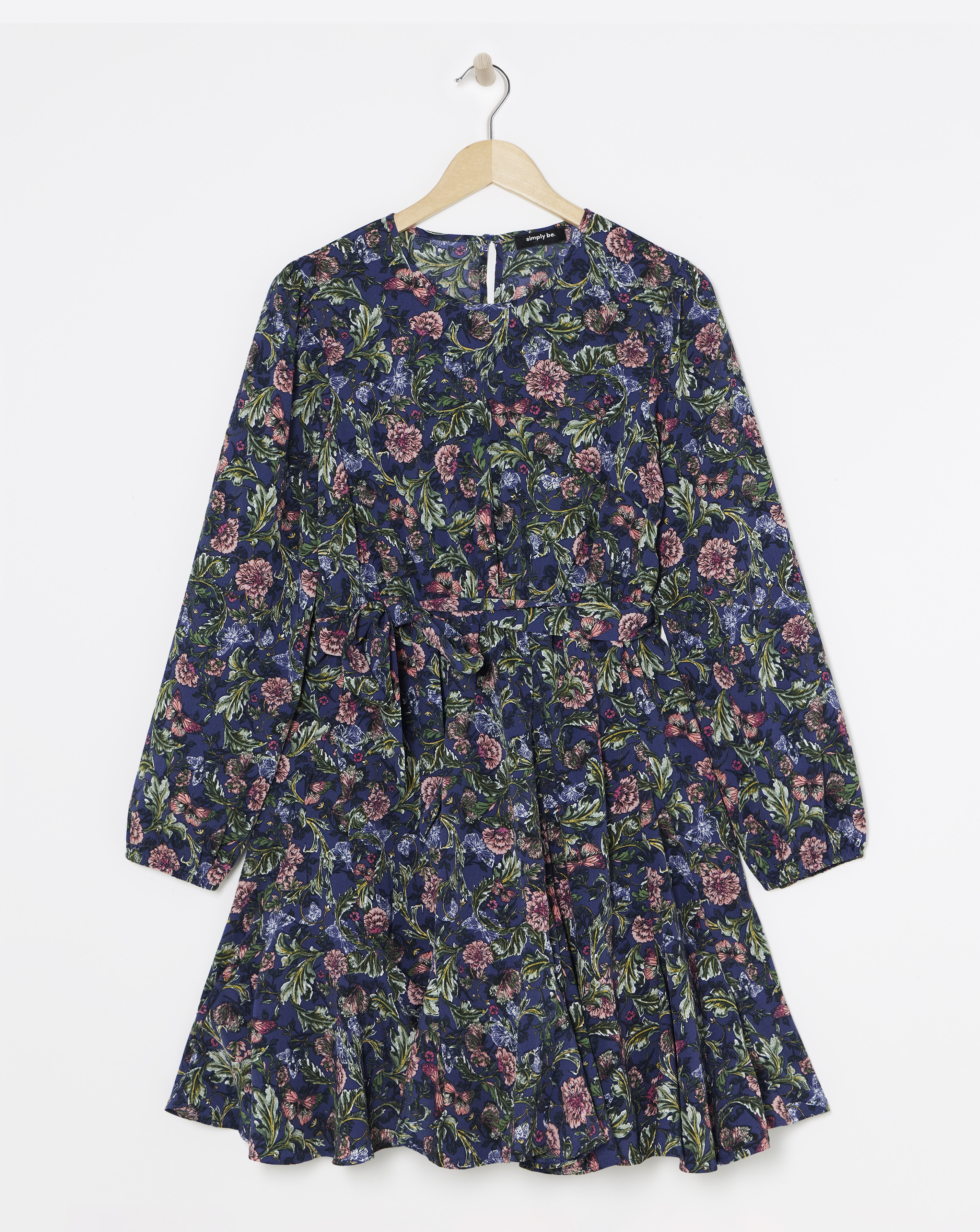 Simply Be - Women's Blue Floral Printed Belted Skater Dress - Size 10 - Grey floral