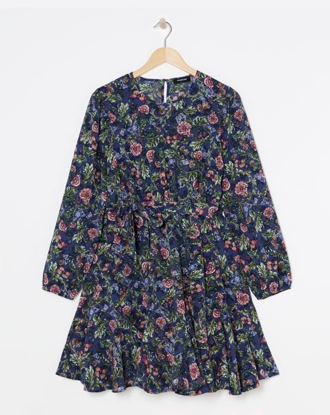Simply Be - Women's Blue Floral Printed Belted Skater Dress - Size 10 - Grey floral