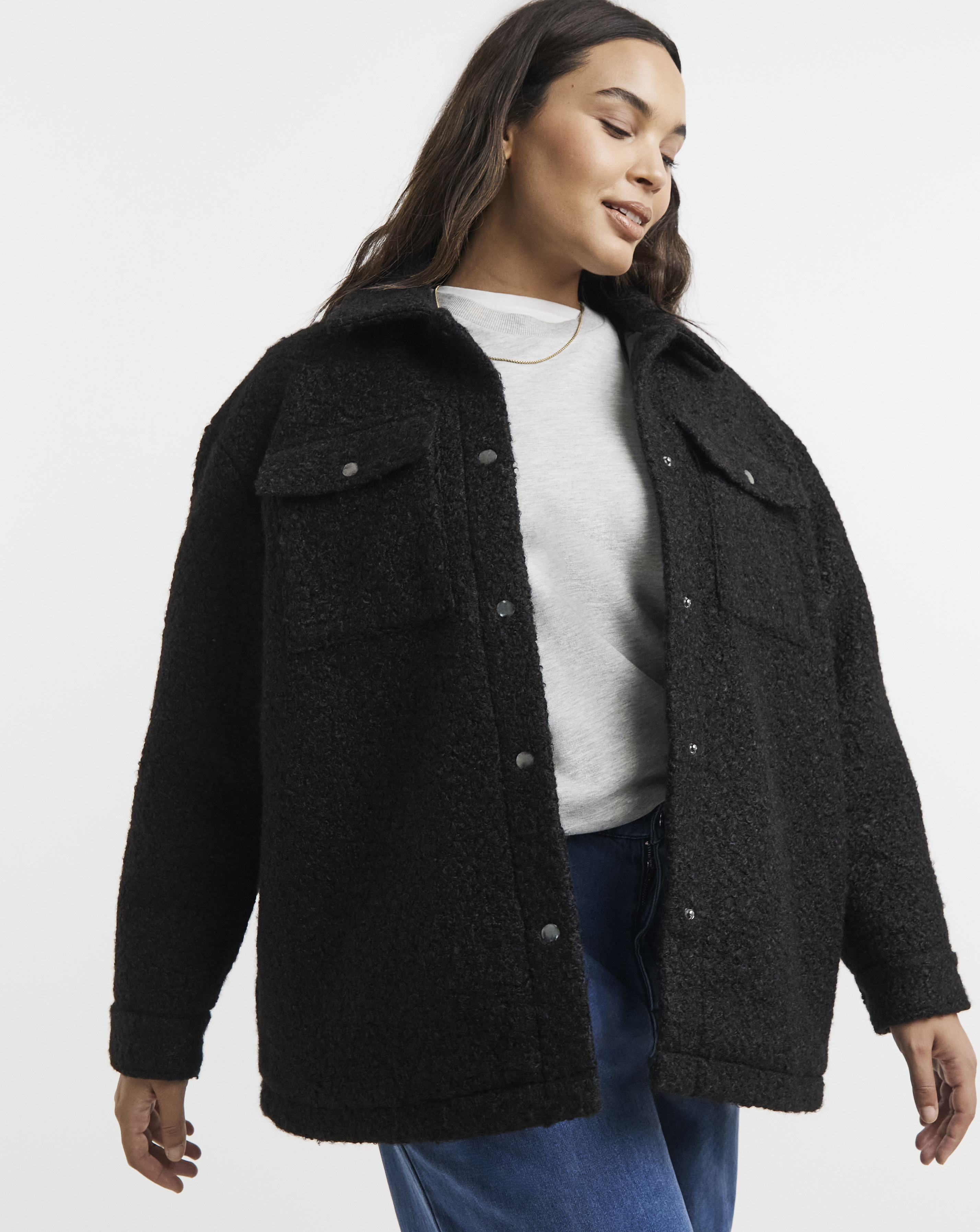 Black Plush Teddy Pocket Shacket