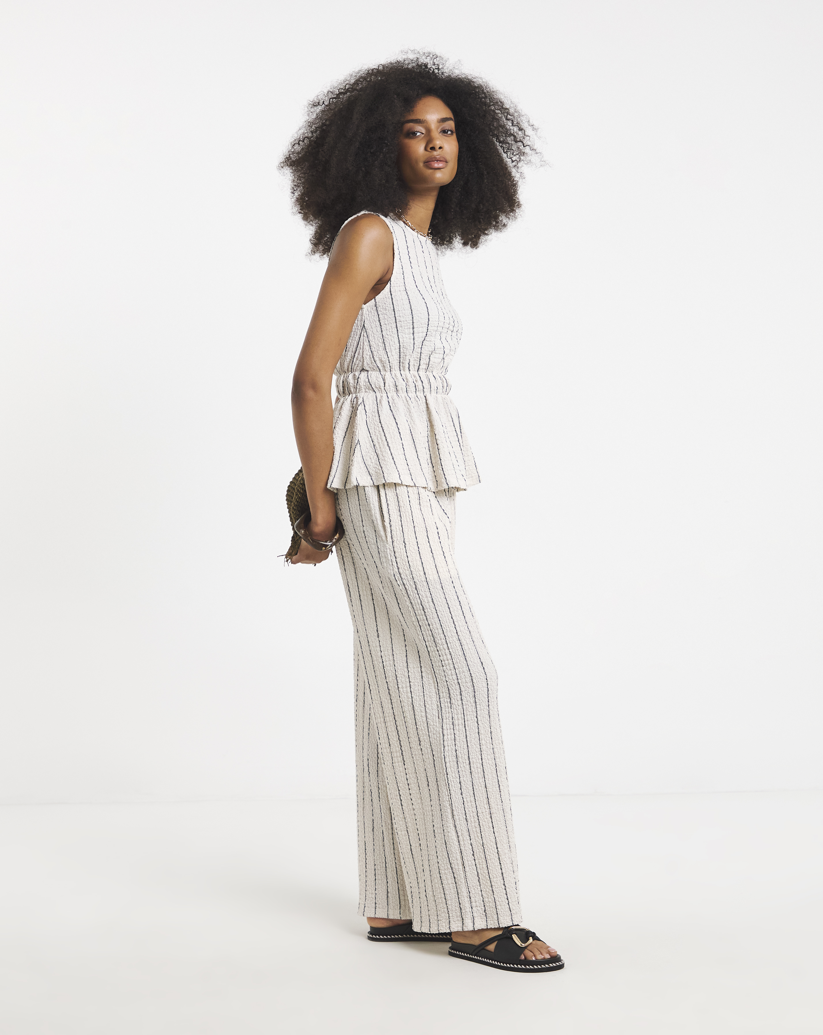 New In - Ivory Stripe Waffle Wide Leg Trouser