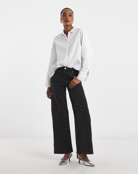Black Embellished Wide Leg Jeans