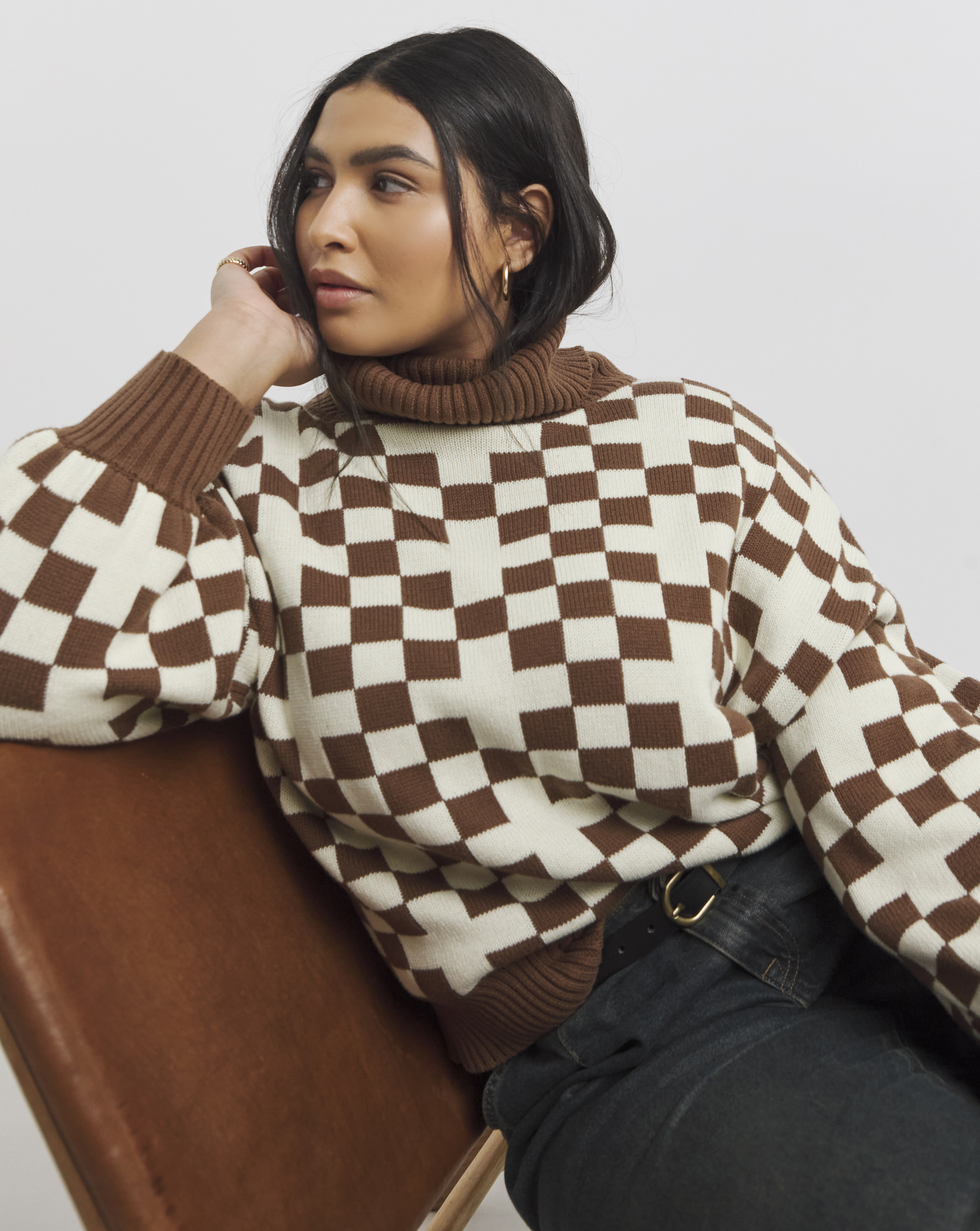 Native Youth Women's Brown Multi-Coloured Oversized Checkered Jumper 5XL