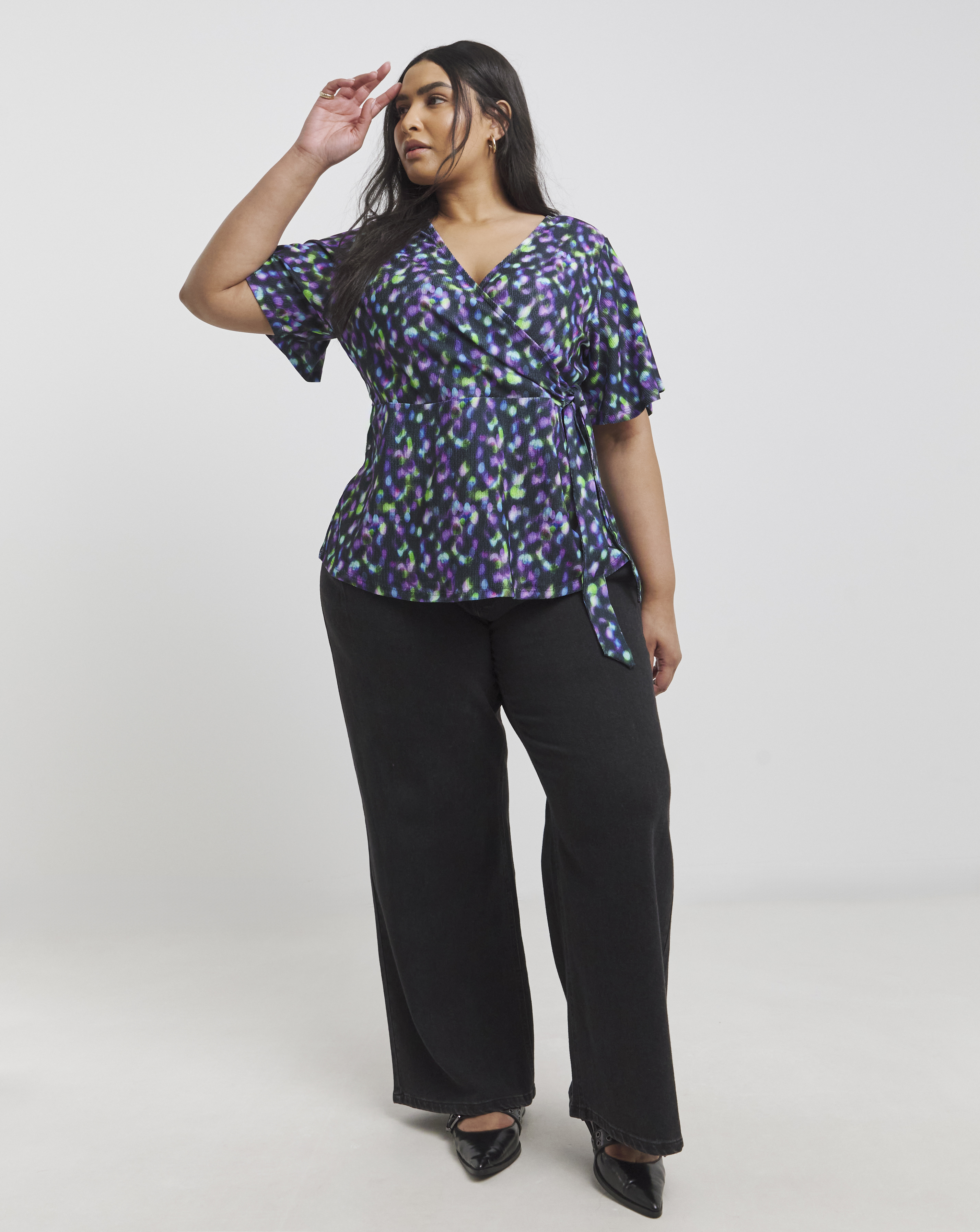 Spot Print Angel Sleeve Wrap Top
