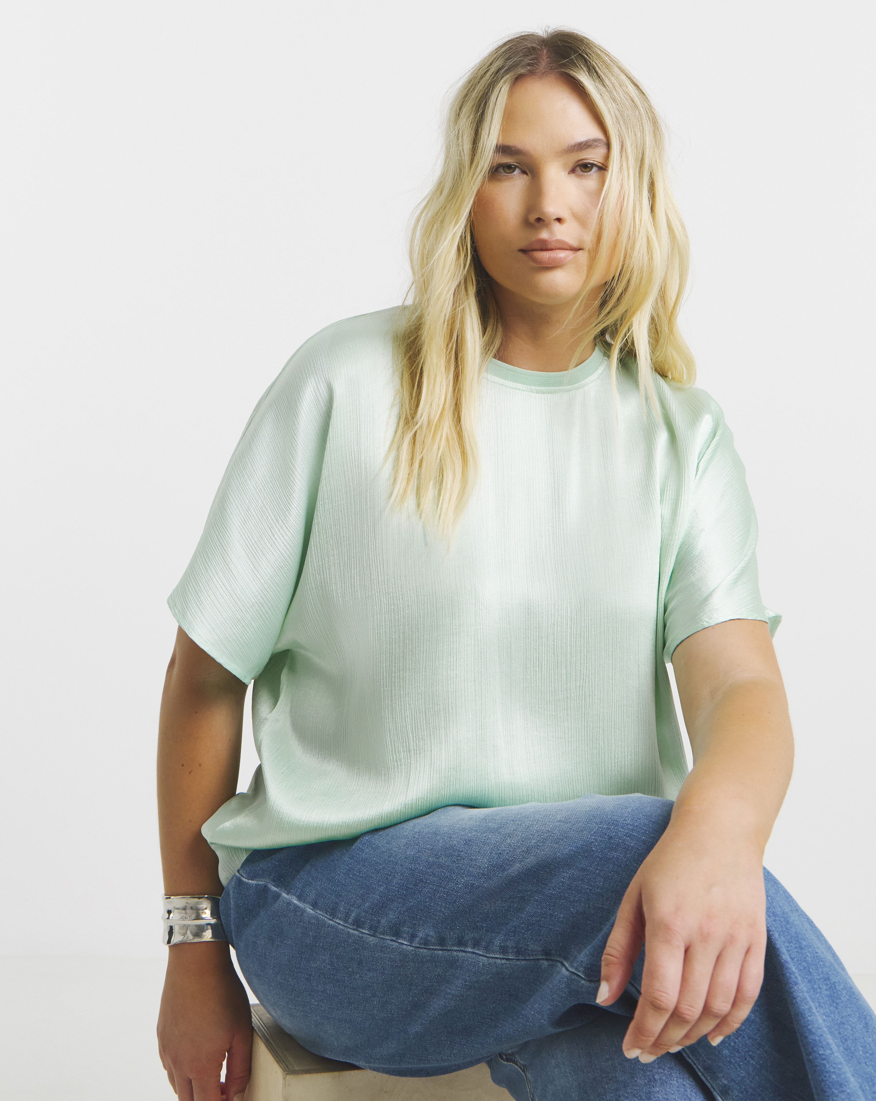 Rib Neck Satin Boxy Blouse