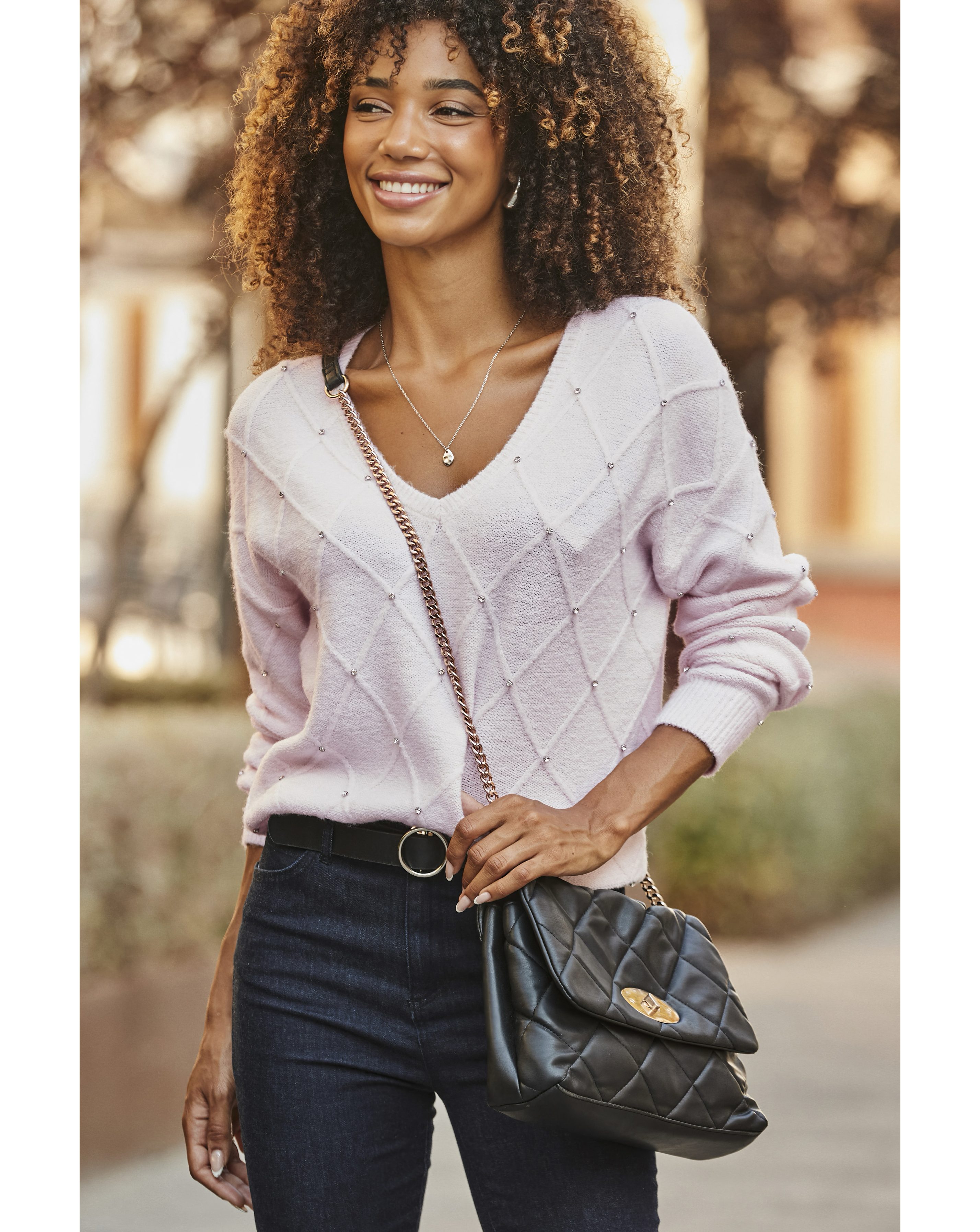 Sosandar Diamond V Neck Jumper Pink - Sosandar - SizeXL