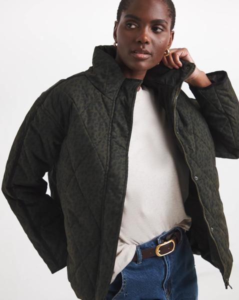 Funnel Neck Printed Short Quilted Jacket