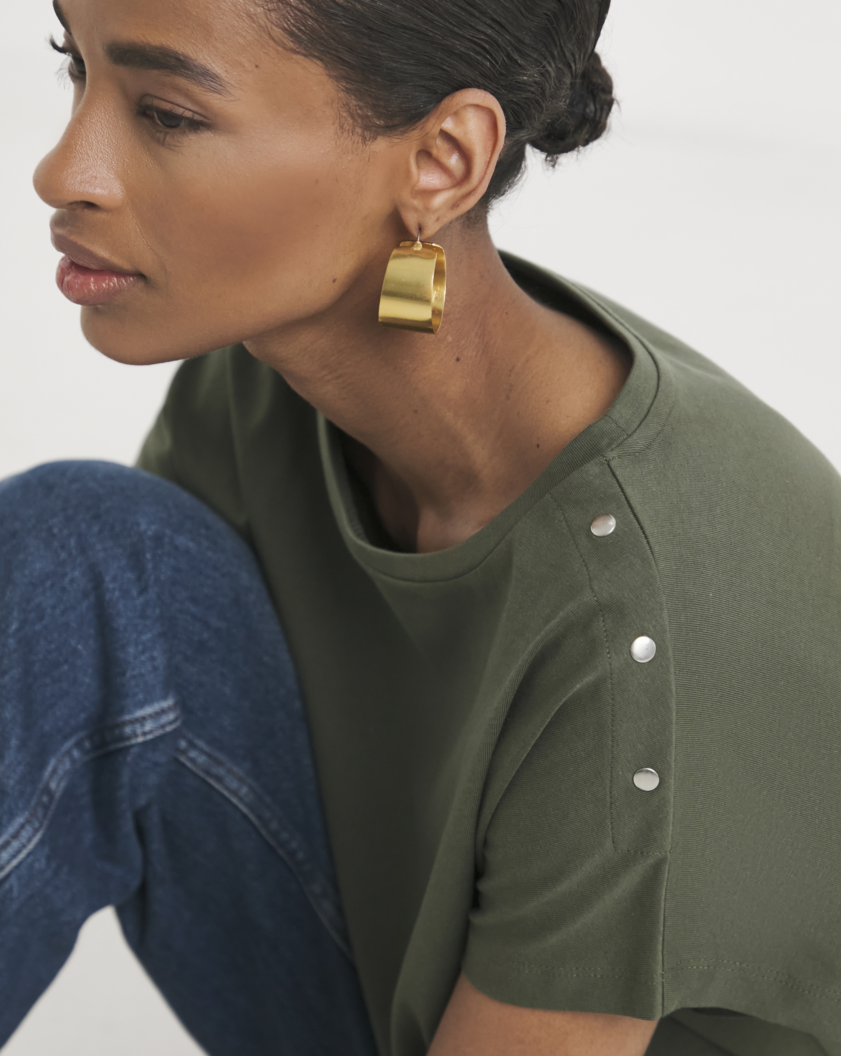 Olive Button Shoulder T-Shirt