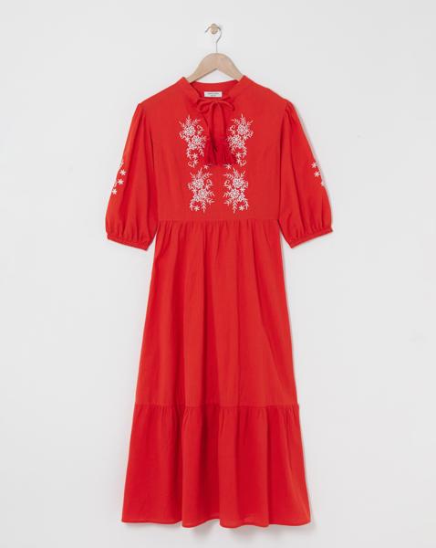 Embroidered Midi Smock Dress