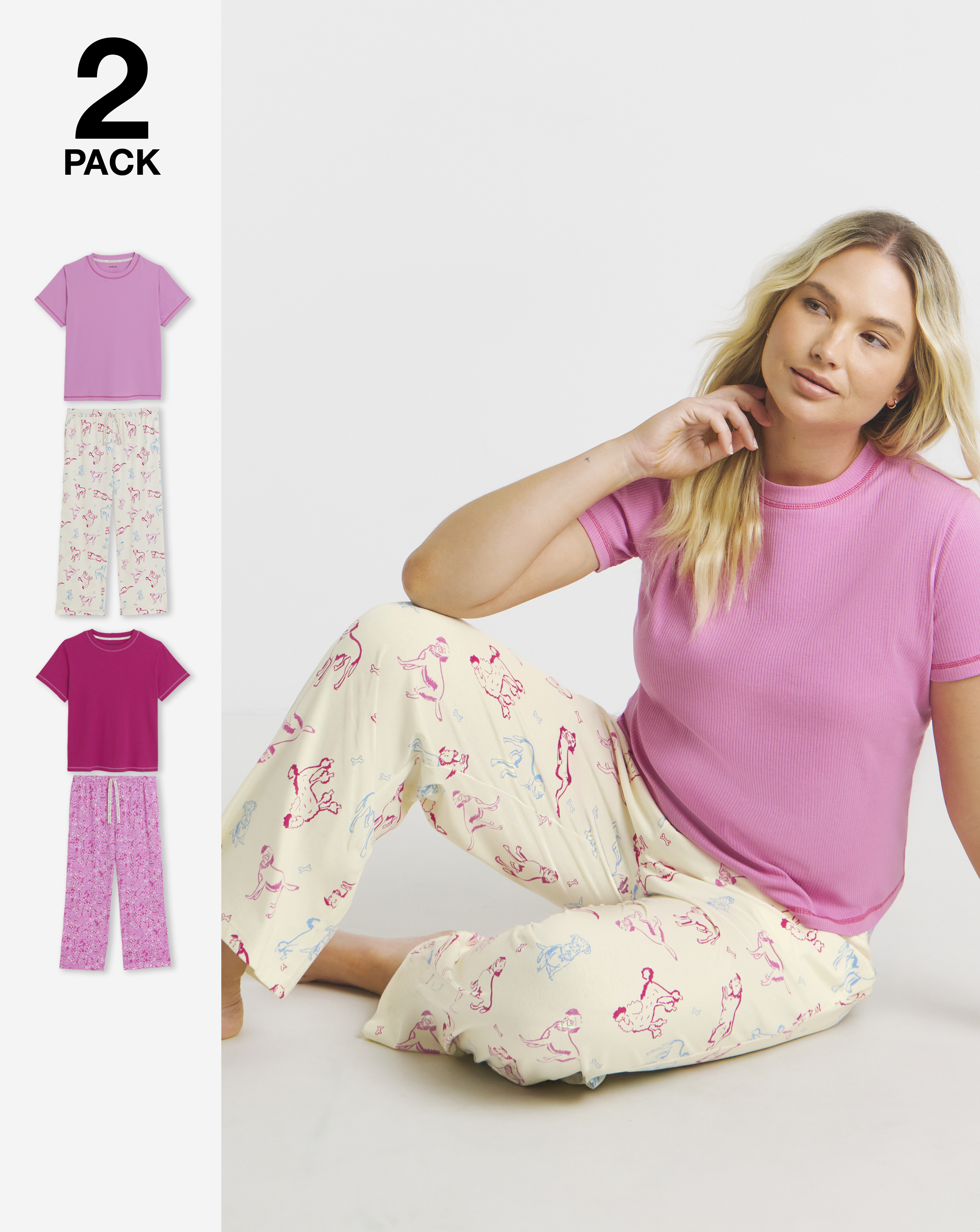 Simply Be 2 Pack T-Shirt Ribbed PJ Sets