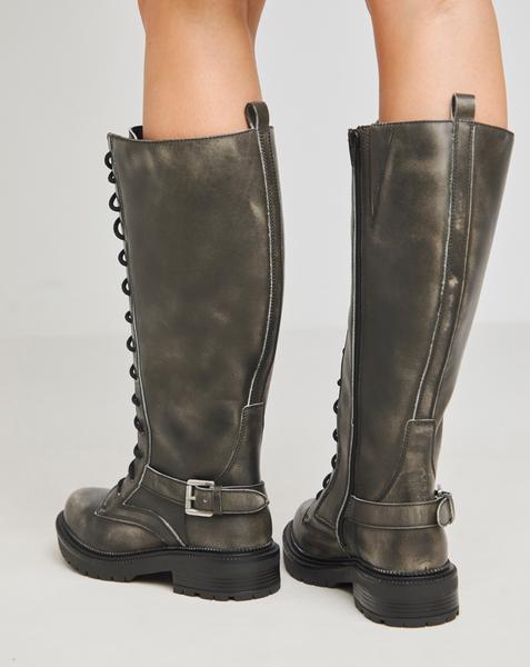 Davina Leather Knee High Lace Up Utility Boots - Wide Fit (E) & Curvy Calf
