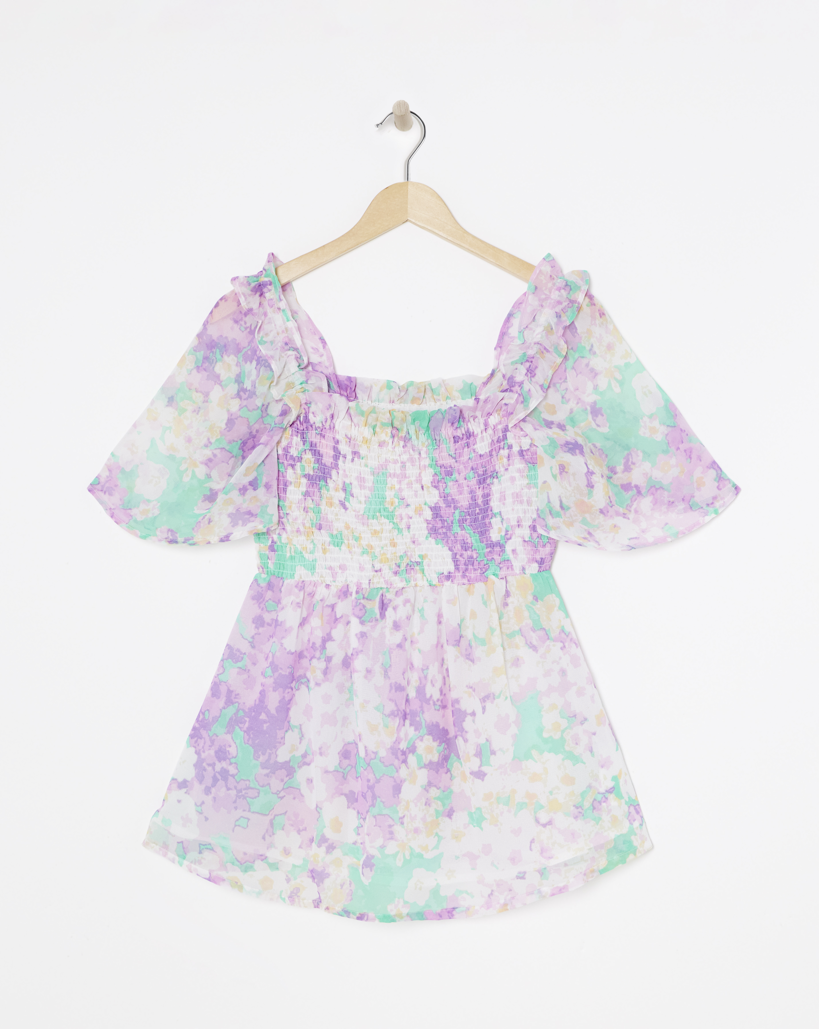Occasion Shirred Square Neck Blouse - Lilac/Green - Womens - Size 10 - Simply Be