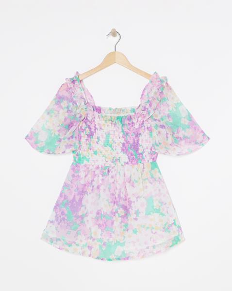 Occasion Shirred Square Neck Blouse - Lilac/Green - Womens - Size 10 - Simply Be