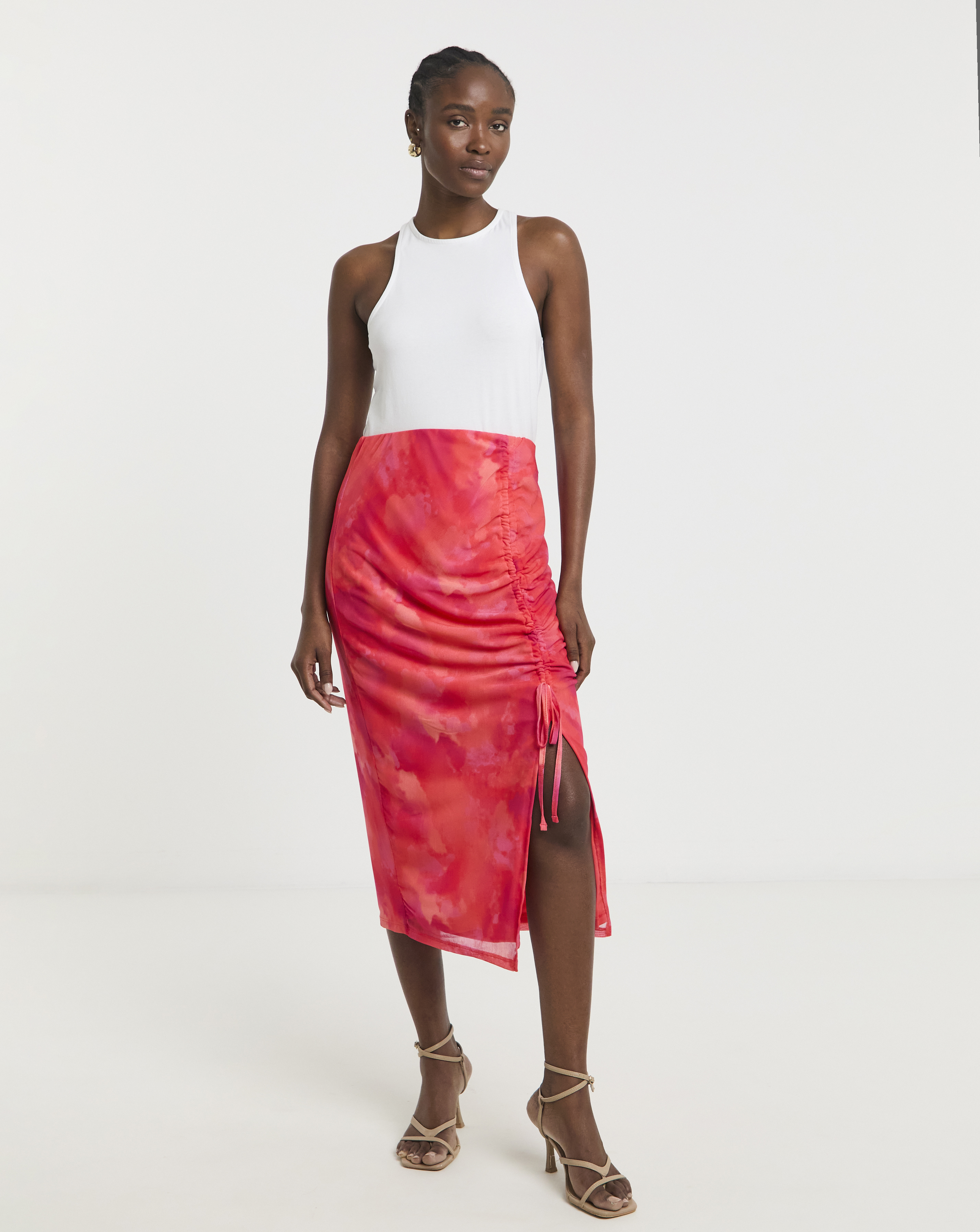 Mesh Overlay Ruched Side Midi Skirt