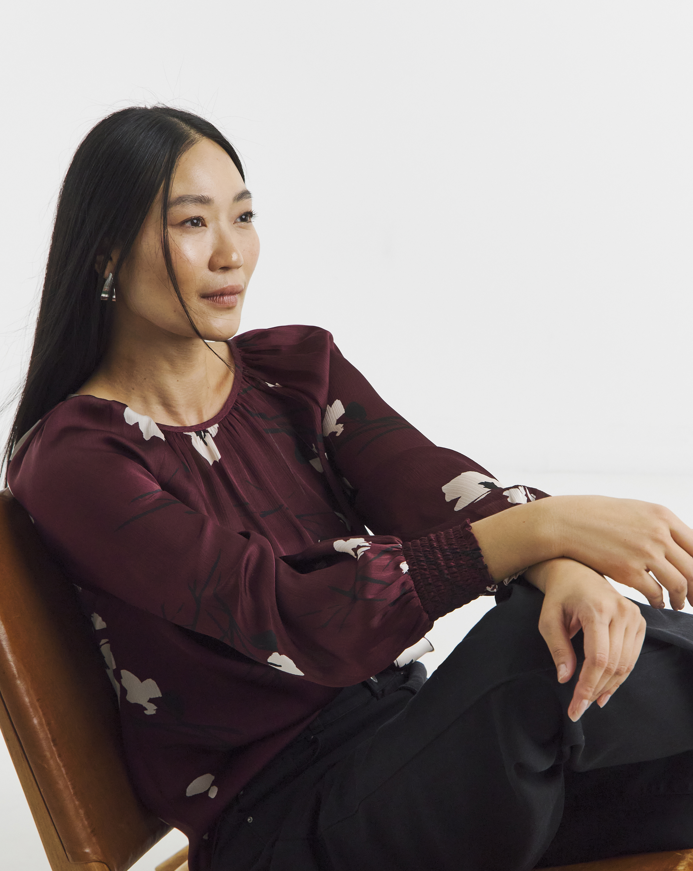 Printed Satin Blouse - Burgundy Floral