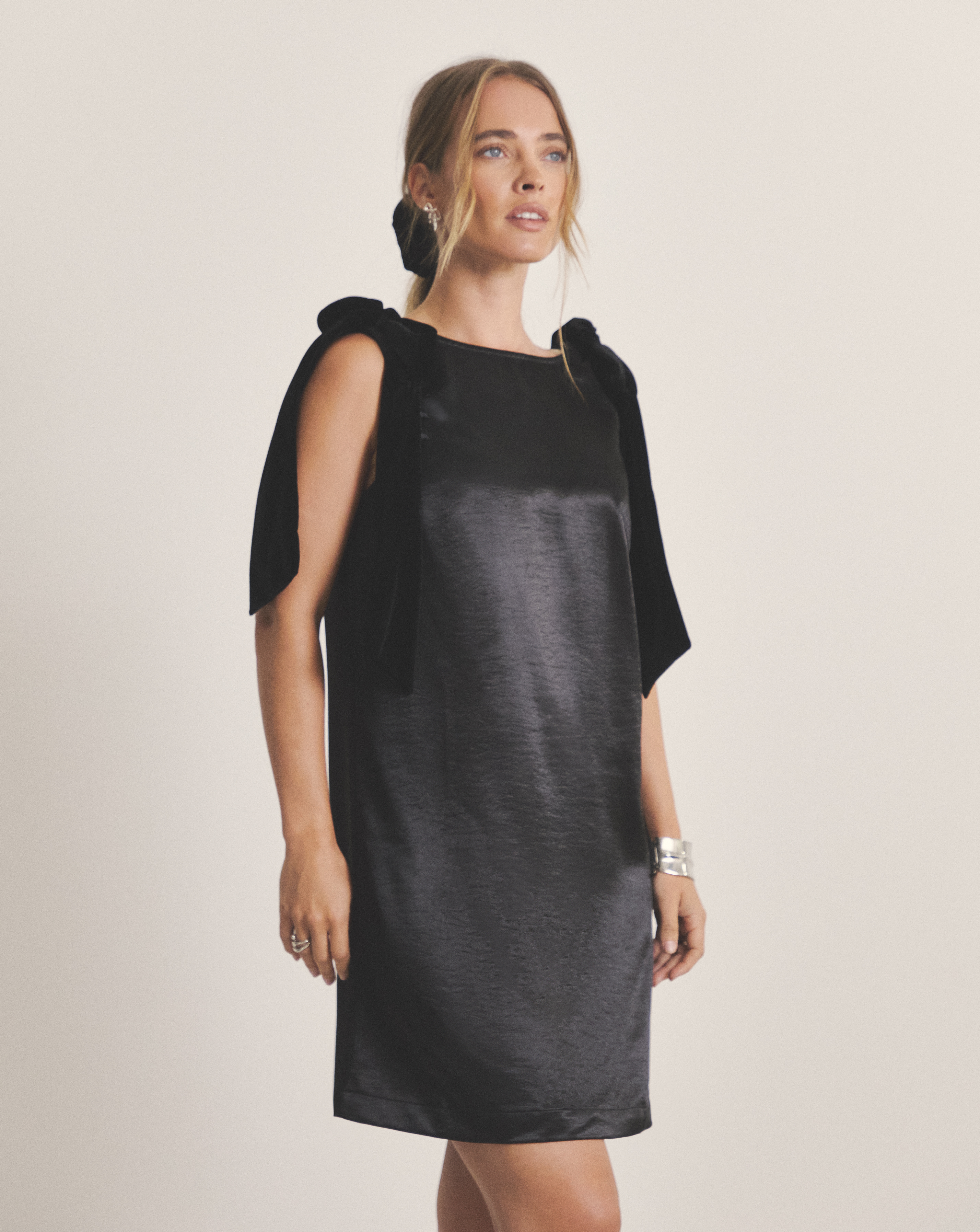 Black Satin Shift Dress With Bow Straps