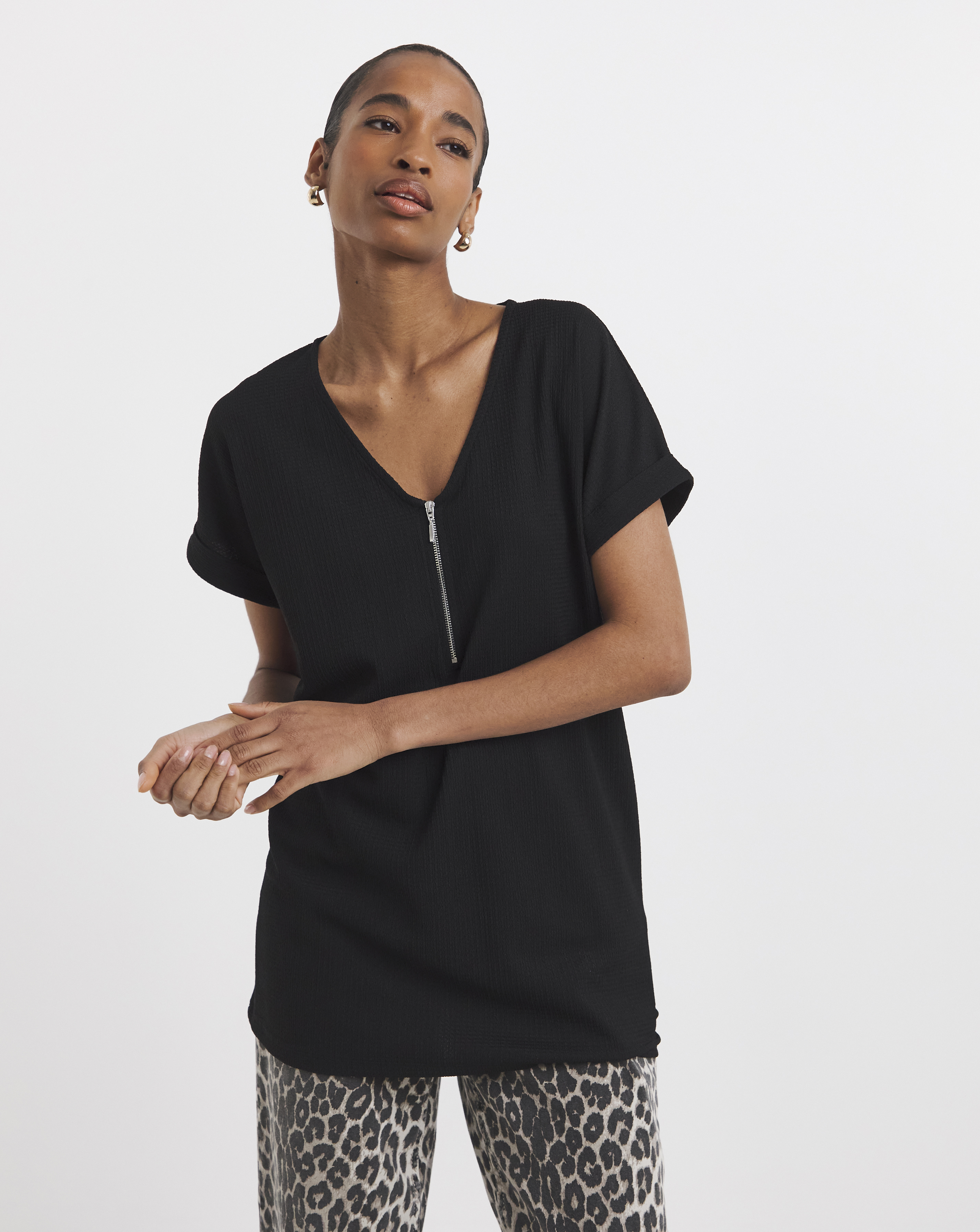 V-Neck Zip Front Longline Top