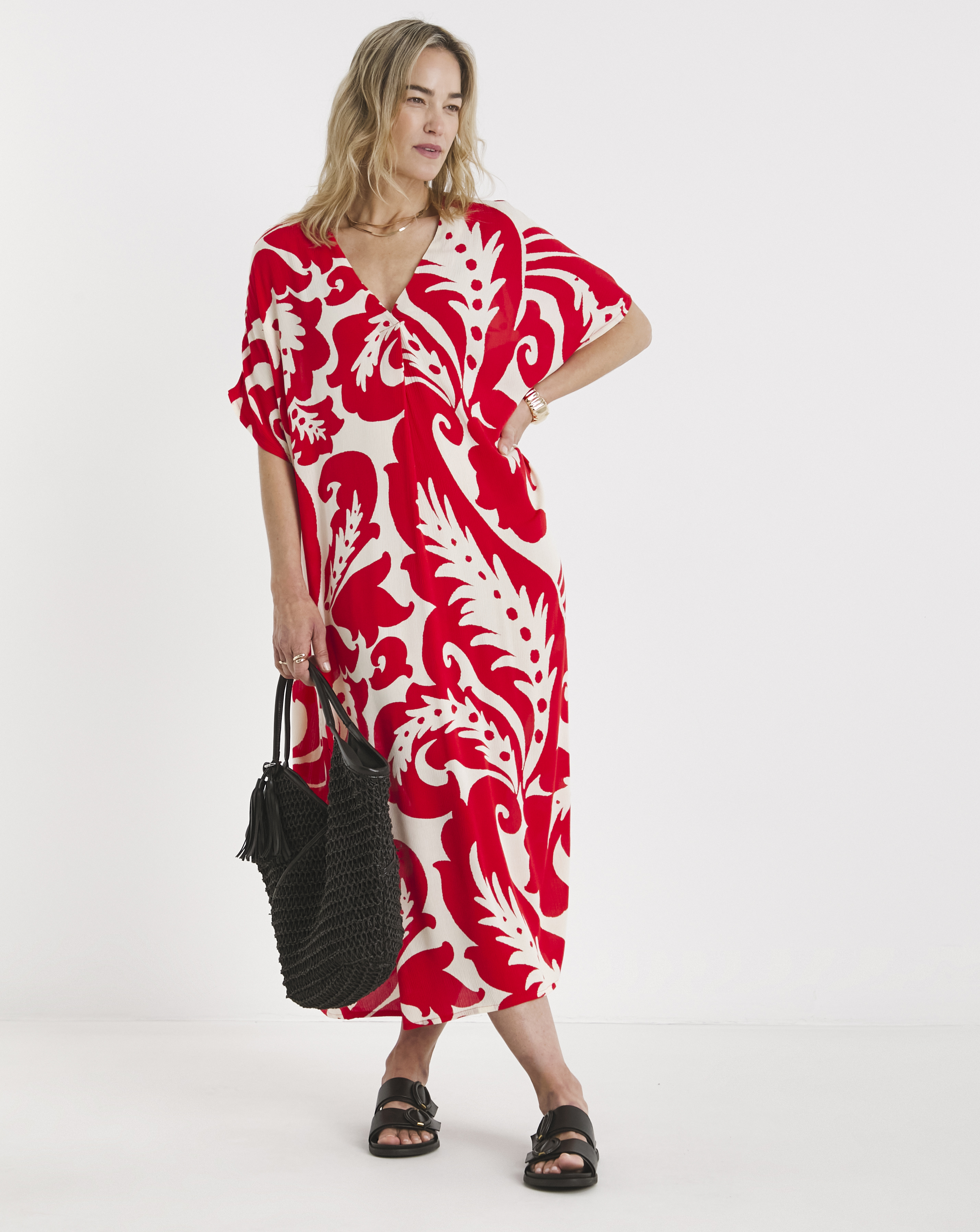 Textured Crinkle Kaftan Midi Dress