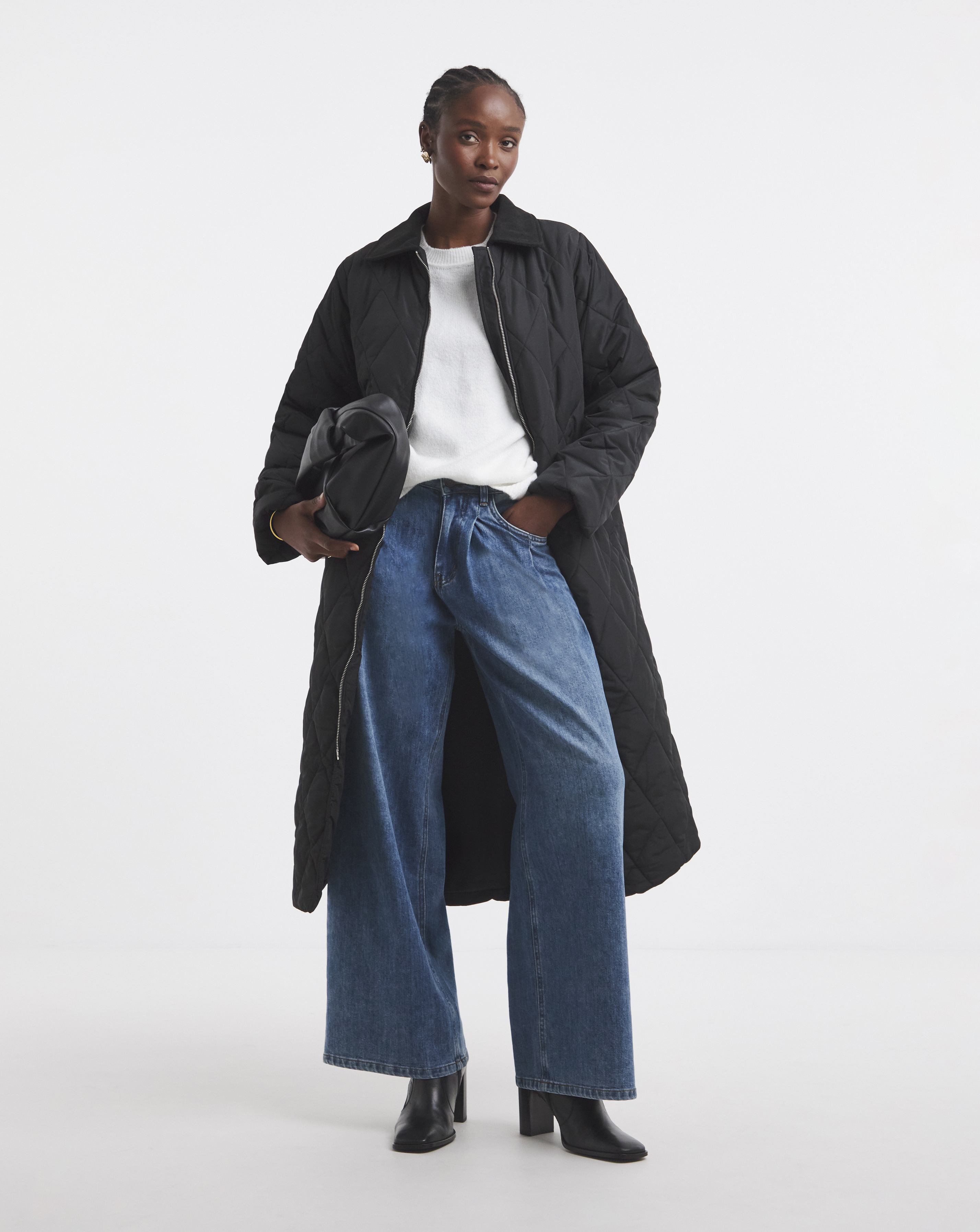 Black Cord Collar Quilted Longline Coat