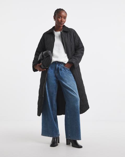 Black Cord Collar Quilted Longline Coat