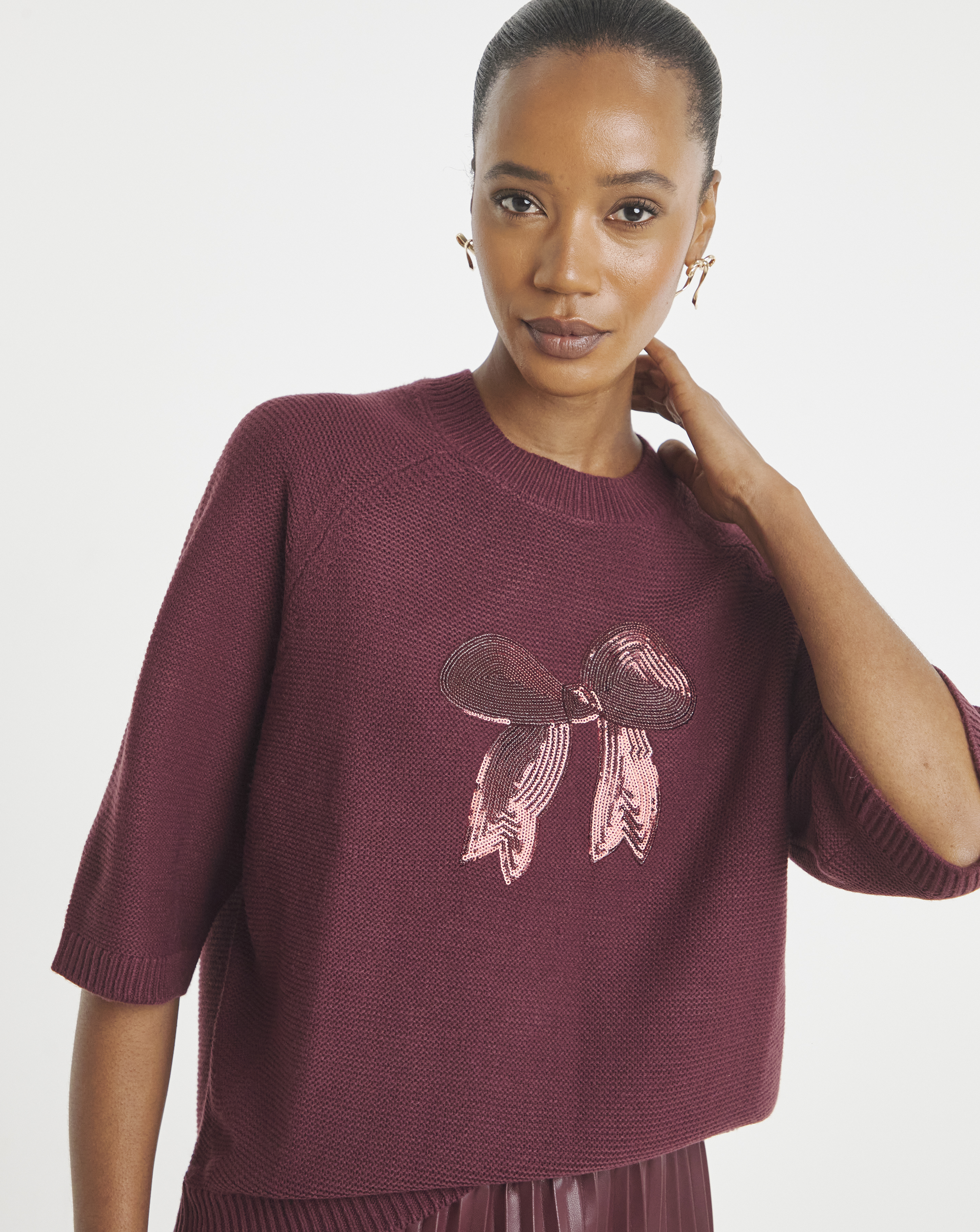 Sequin Bow Short Sleeve Jumper